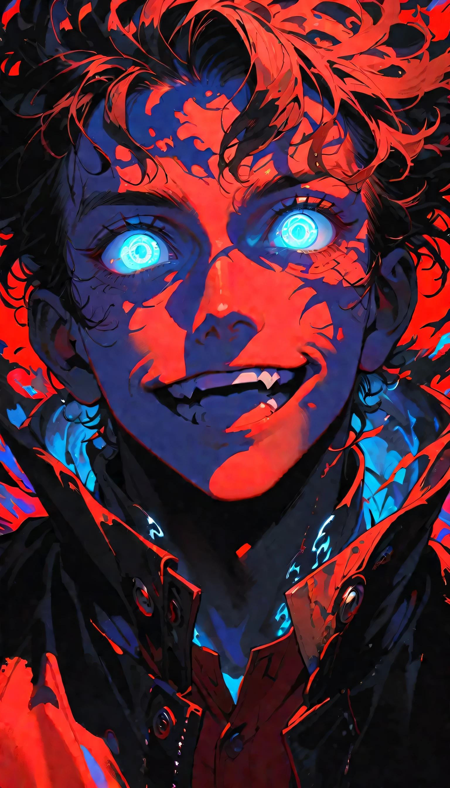 Solitary, Looking at the audience, Smile, 1 boy, jacket, monochrome, Male focus, Open your mouth, luminescent, portrait, luminescent eyes, spot color, Boss, luminescent eye, Red Theme ,Anime type and high detail