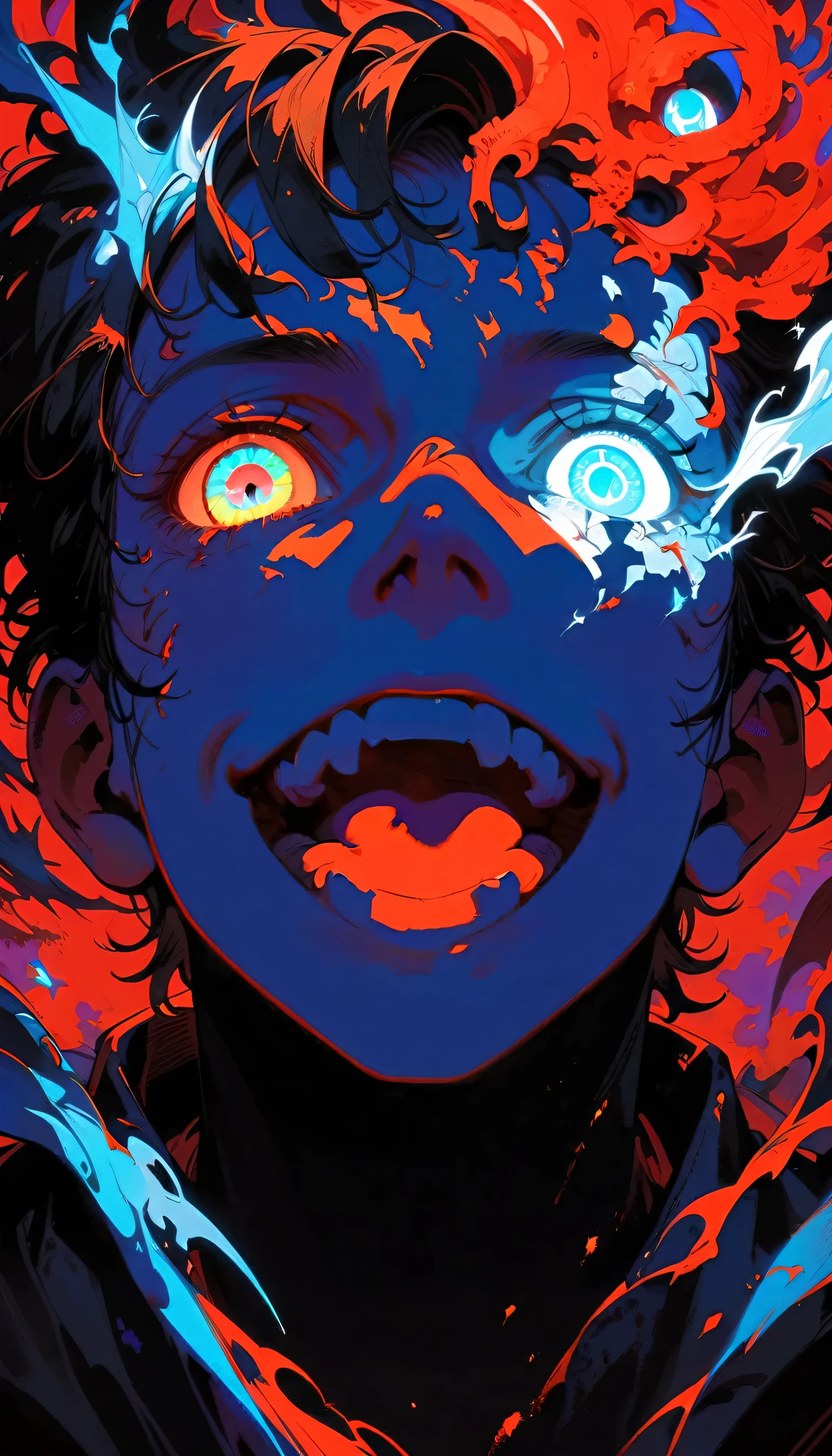 Solitary, Looking at the audience, Smile, 1 boy, jacket, monochrome, Male focus, Open your mouth, luminescent, portrait, luminescent eyes, spot color, Boss, luminescent eye, Red Theme ,Anime type and high detail