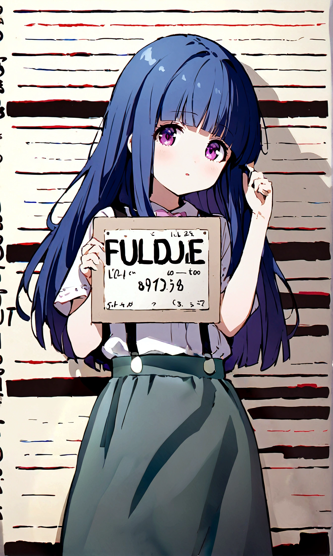 One girl, furude rika, blue hair, purple eyes, blunt bangs, bangs, white shirt, pink bow, suspenders, (black skir), Mugshot, Holding a sign, View Viewer, Nameplate、height chart, 