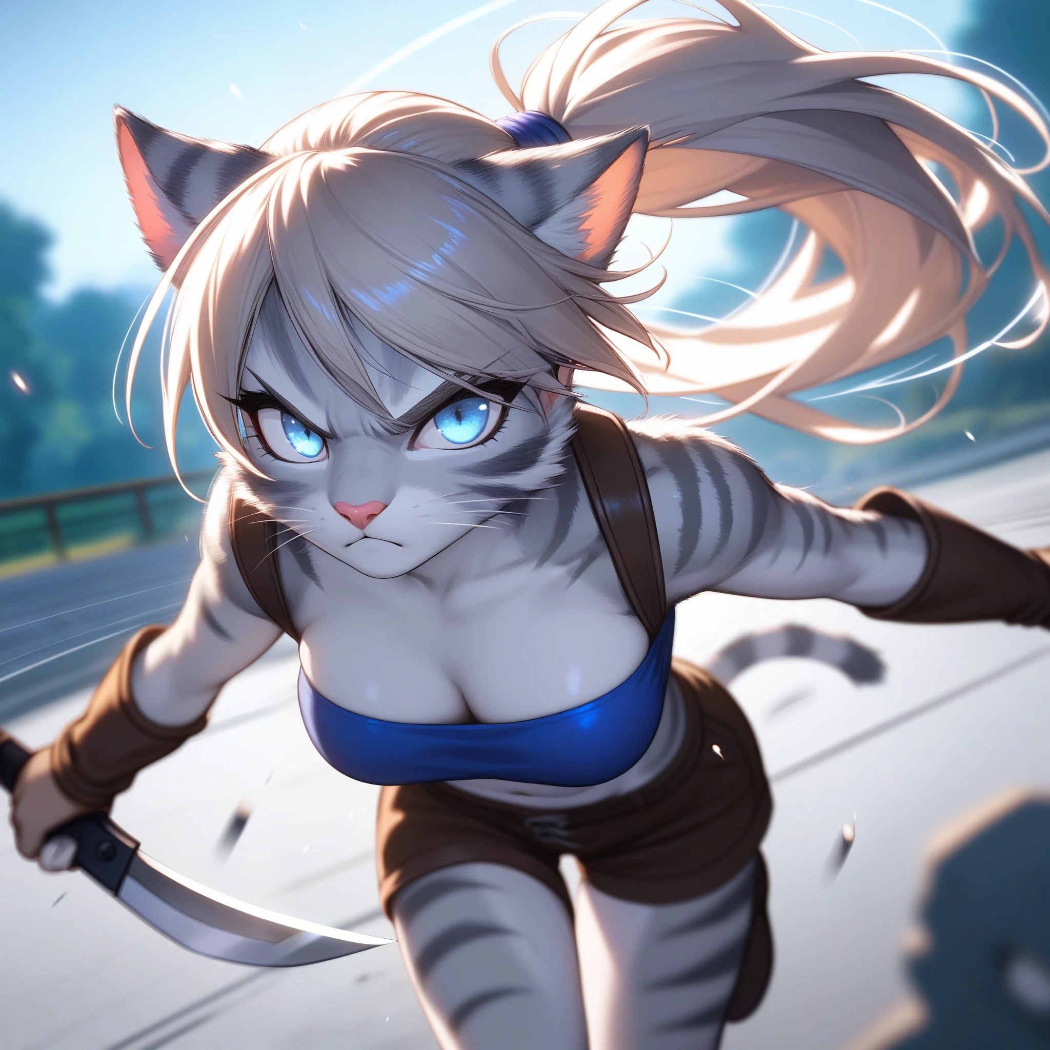 score_9,score_8_up,score_7_up, source_cartoon, source_furry, Kat, Anthro furry feline girl, tall body, hourglass figure, adult female, blue eyes, :3, snout, pink nose, silver furry body, grey tabby cat stripes, long blonde hair, hair in a ponytail, wearing blue bandeau, brown short shorts, brown boots, leather straps accessories, holding two knives, Naruto running, running towards viewer, angry expression, glowing blue eyes, outdoors, from above, dynamic action shot, speed lines, motion blur, hands behind back