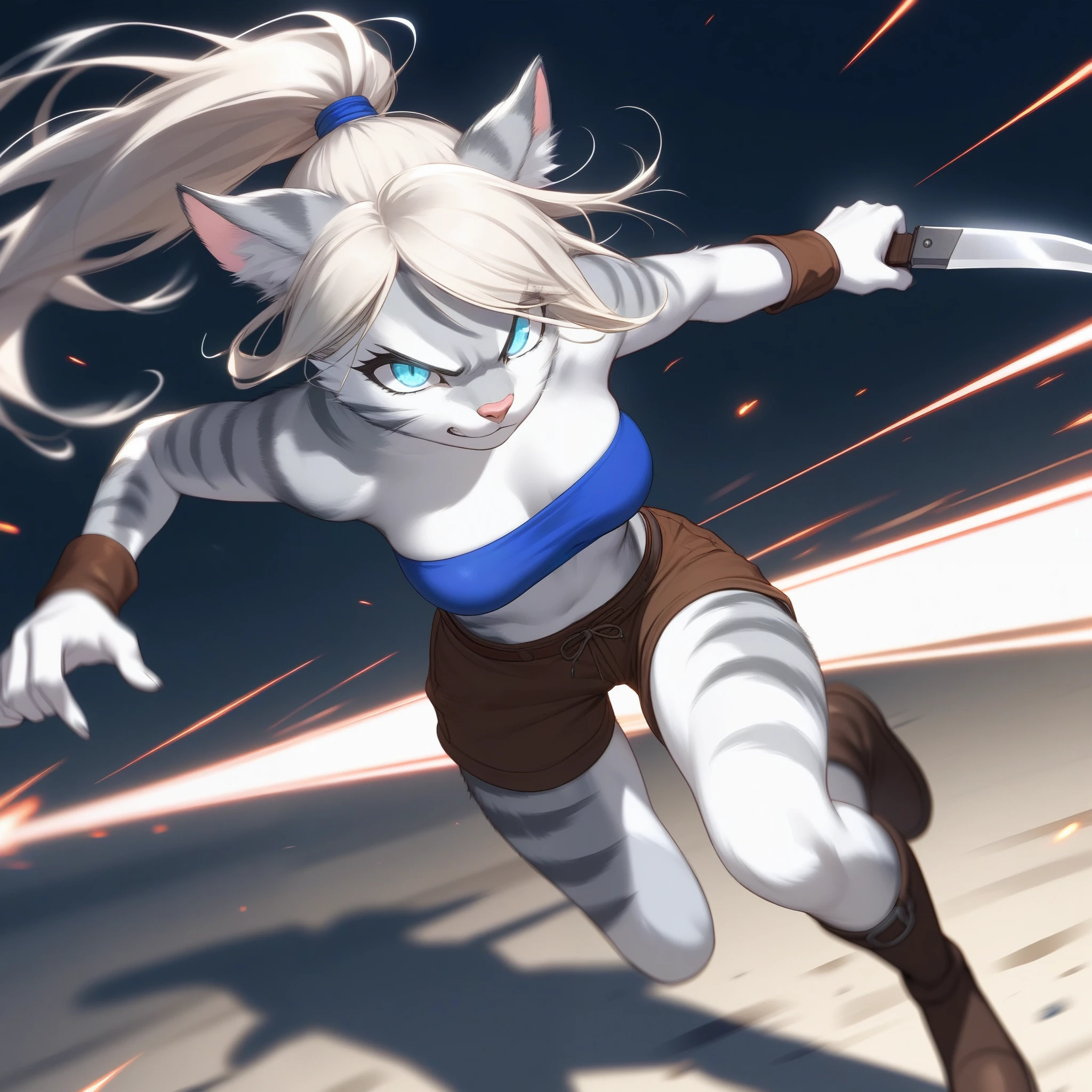 score_9,score_8_up,score_7_up, source_cartoon, source_furry, Kat, Anthro furry feline girl, tall body, hourglass figure, adult female, blue eyes, :3, snout, pink nose, silver furry body, grey tabby cat stripes, long blonde hair, hair in a ponytail, wearing blue bandeau, brown short shorts, brown boots, leather straps accessories, holding two knives, Naruto running, running towards viewer, angry expression, glowing blue eyes, outdoors, from above, dynamic action shot, speed lines, motion blur, hands behind back