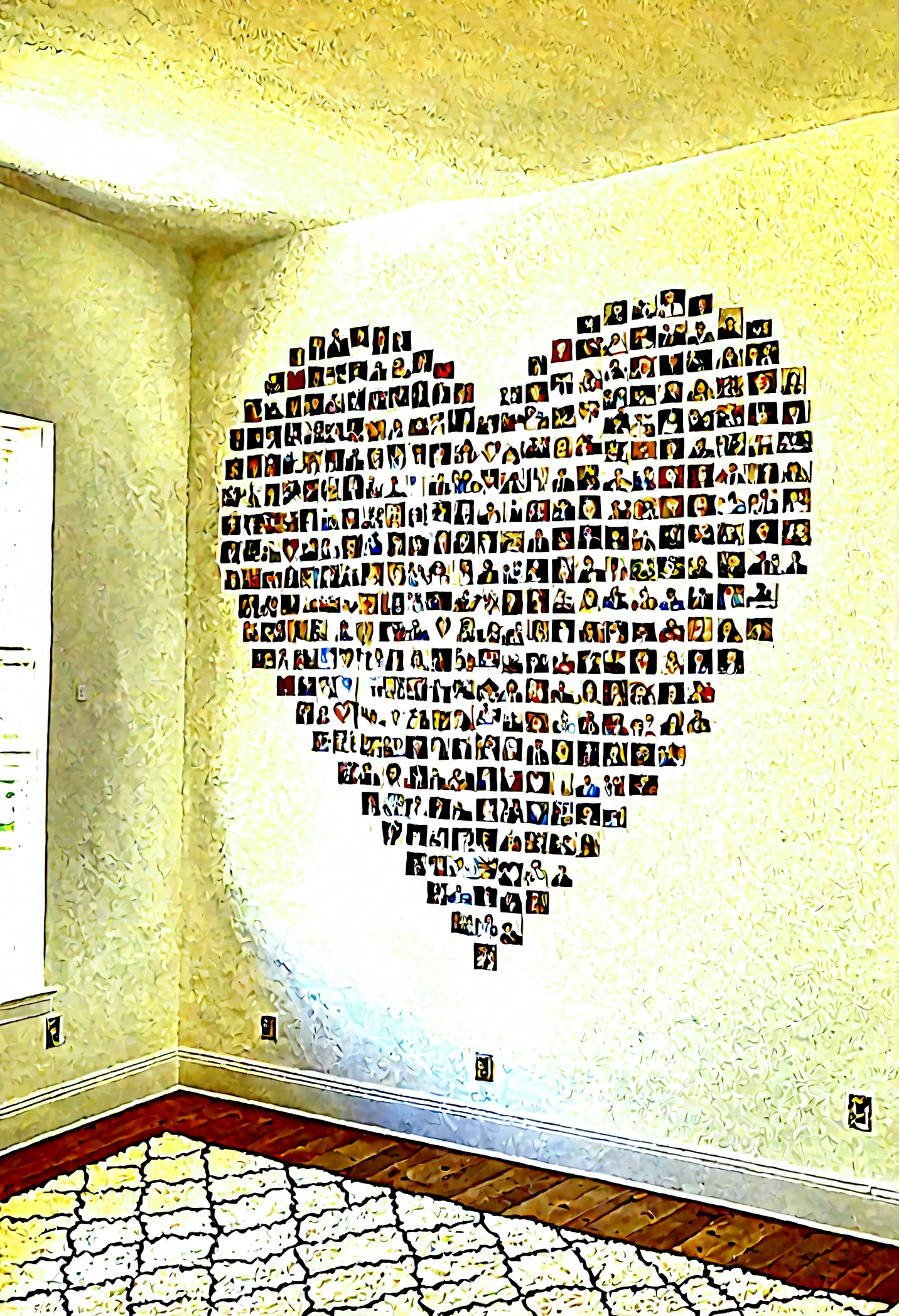 --ar A large heart painted on a pristine white wall, composed entirely of high-definition photographs of family members, rendered in hyper-resolution Ultra HD. The heart is intricately formed by an array of meticulously arranged pictures, creating a visually striking collage. Each photograph is clear and vivid, capturing the essence and personality of each family member, from ancestors to present-day relatives. The photos seamlessly blend into the shape of the heart, enhancing the cohesive and beautiful design. The room is bathed in soft, natural light, which highlights the warmth and detail of the images, reflecting the deep love and connection shared by the family. This artistic and heartfelt depiction of genealogy celebrates familial bonds through a stunning and personal tapestry of cherished memories.