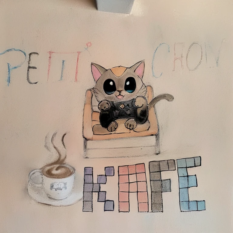 drawing of a cat sitting in a chair with a cup of coffee, Coffee shop for mice, Coffee shop, inspirado en Hanns Katz, Coffee shop for felted animals, fanart de videojuegos, en una cafeteria, gato animado, by Nándor Katona, pastel grande, arte pastelwork, gato kawaii, arte pastel, un gato bebiendo cafe, por Kamagurka