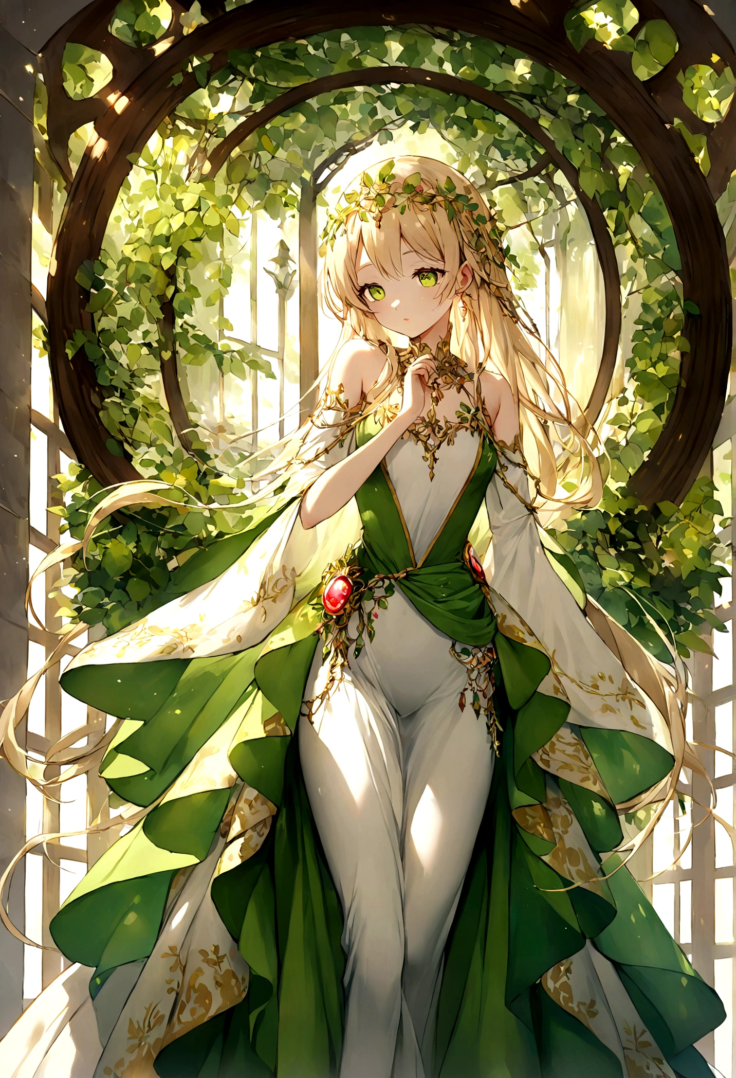 Aliriana is a vision of youth and grace. At 1.65 meters tall, she has a slender stature that exudes elegance. Her facial features are delicate and perfectly proportioned, reflecting a natural harmony that captivates everyone around her. Her long golden hair, falling in a silky cascade to her waist, shines in the sunlight like strands of pure gold. Her large, expressive eyes, a vibrant green reminiscent of the leaves of enchanted forests, are windows to a curious soul passionate about knowledge.
