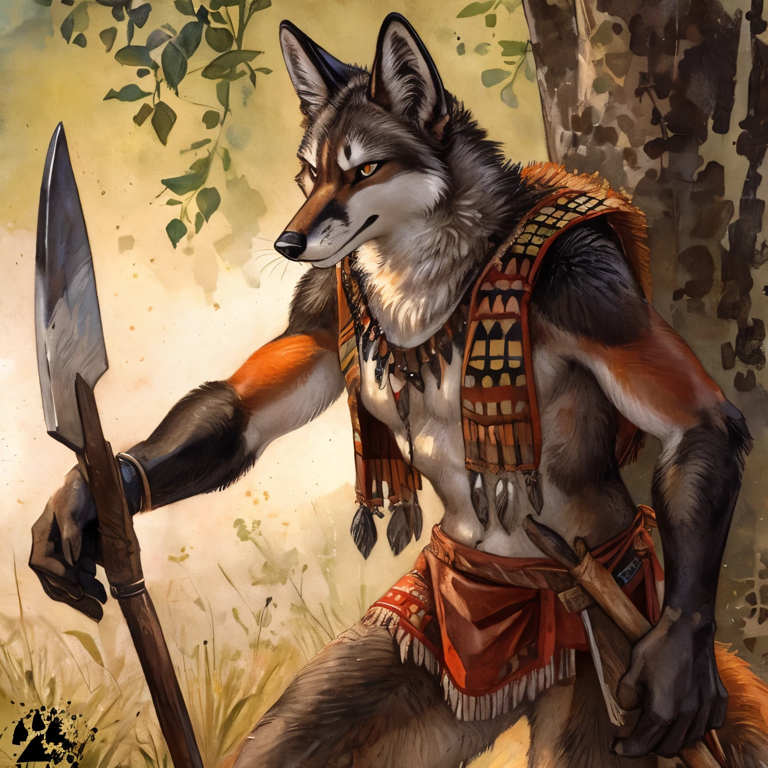 Male, Anthro, gray fox, angry eyes, black fur, tribal vests, holding two daggers, detailed anatomy, skinny, (by blotch)