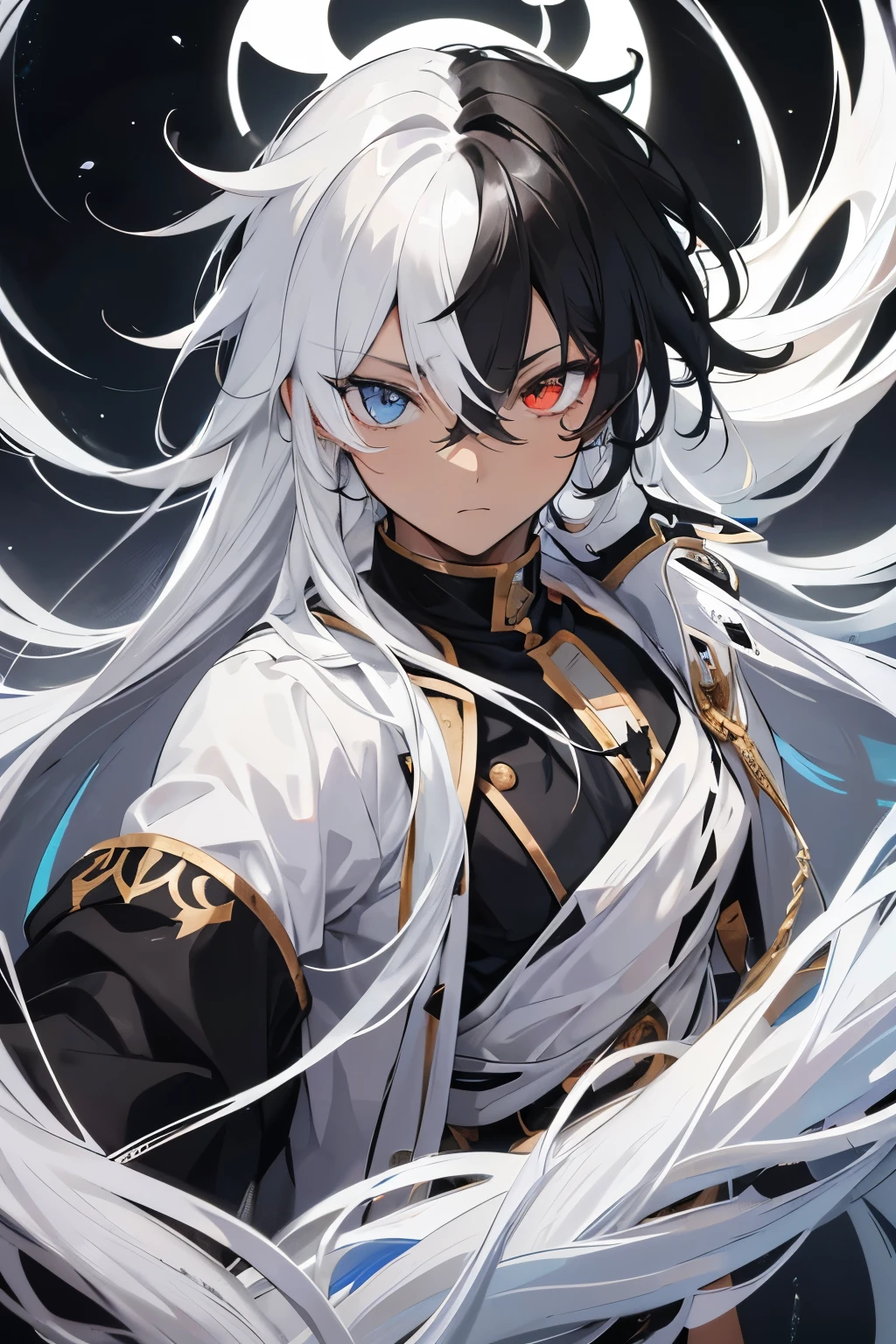 --physical-description "Kai has dark skin, with heterochromia, his left eye is white and his right eye is yellow, giving him a unique and captivating gaze. His long and tousled hair is a combination of black and white strands, adding to his distinctive appearance."