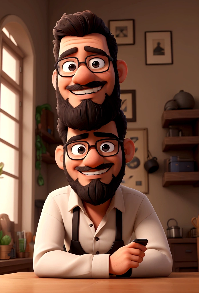 man with short black beard sitting at the table in his home holding his cell phone and smiling