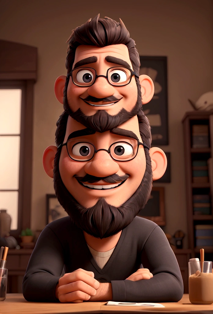 man with short black beard sitting at the table in his home holding his cell phone and smiling