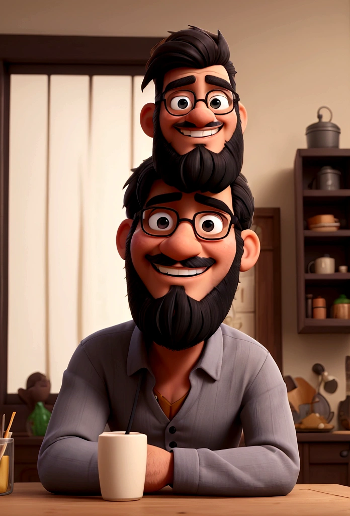 man with short black beard sitting at the table in his home holding his cell phone and smiling