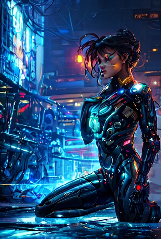 Masterpiece, ((by Brom)), (dark cinematic lighting:1.1), highly detailed cyberpunk illustration of (lonely [Cyborg|Woman] with short black hair and broken mechanical parts, robotic limbs), bright blue eyes, perfect face, [makeup streaks], sad expression, looking at viewer, (sitting  on the ground in a dark alley with her back against a decrepit wall in a Dystopian cyberpunk city), ((cyber wear)), augmentations, synth, homeless robot, oil on board, intricately detailed, hires scan, ominous atmosphere, overcast weather, dark colors, panoramic