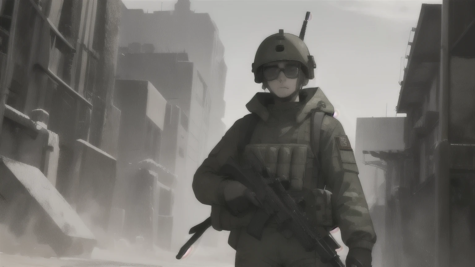Un hombre soldado se pone firme、Parka verde oscuro、Ponte un casco、Use gafas、pantalones militares、Todo el cuerpo、Escribir detalles、CG muy detallado, con una ak