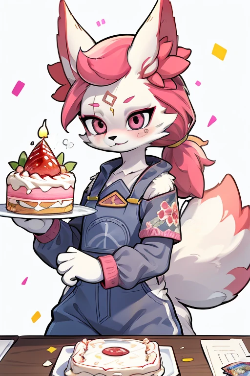 kimiko, furry female anthro, white body fur, Pink hair, multiple tails, solo, (best quality), anime style, short ponytail, scar on the eye, confetti everywhere, Holding the cake, one candle on cake, ordinary closed clothes, birthday, facing the viewer, detailed background, best quality, ultra detail, good lighting, solo, high quality, masterpiece, detailed body fur, best quality, perfect hair, overall