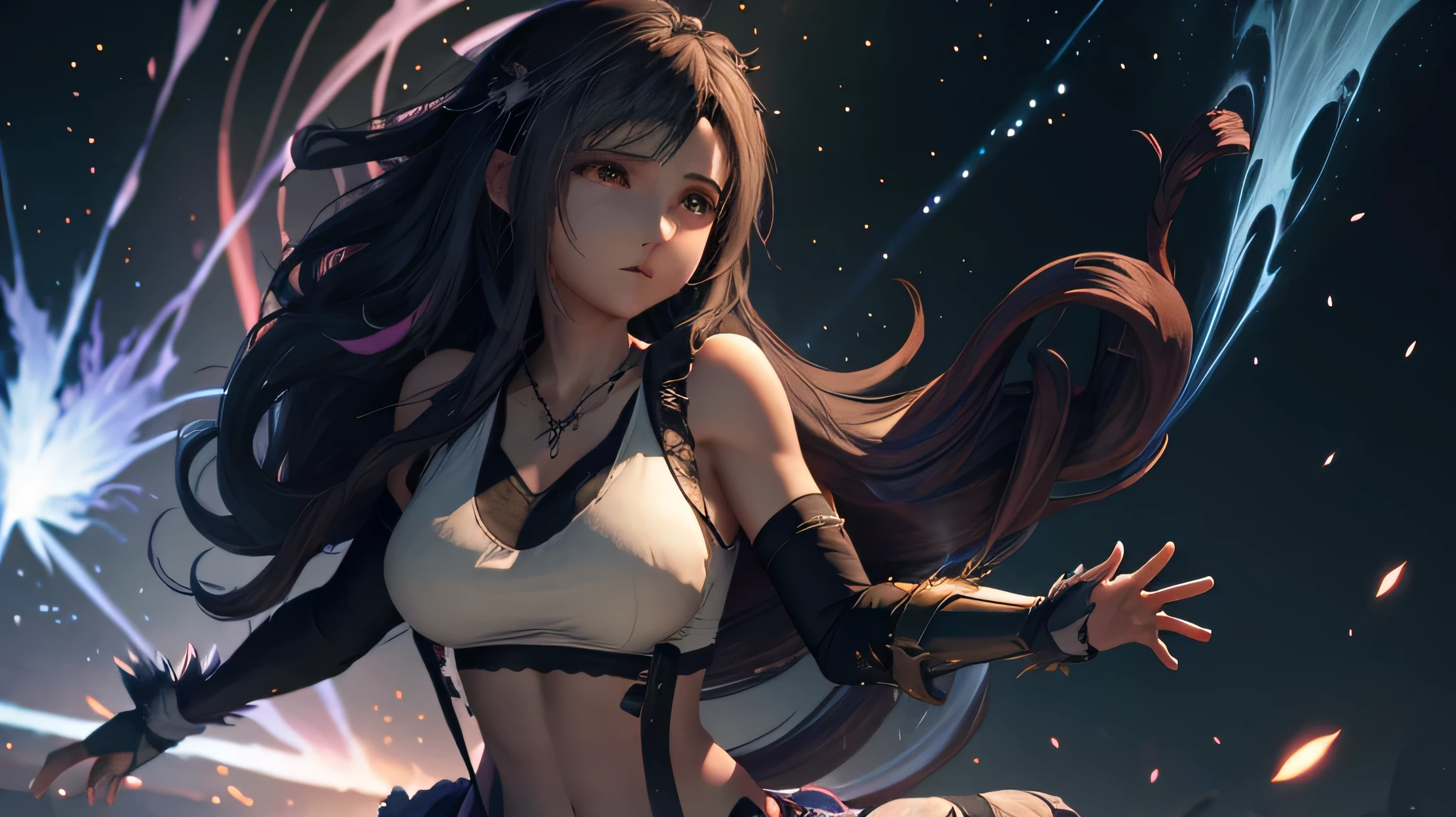 A young woman youthful appearance with long, flowing hair is styled in a short, and it appears to be blowing slightly, suggesting movement and striking expressive eyes with a gradient of blue and pink hues, her expression contemplative. wearing a white, off-the-shoulder top with ruffled sleeves, which is partially draped over one shoulder, revealing a portion of the character's chest. The top has a light, ethereal quality to it, with a soft glow that seems to emanate from the fabric. The character is also wearing a delicate necklace with a small, round pendant.. The overall atmosphere is one of quiet elegance and mystery.