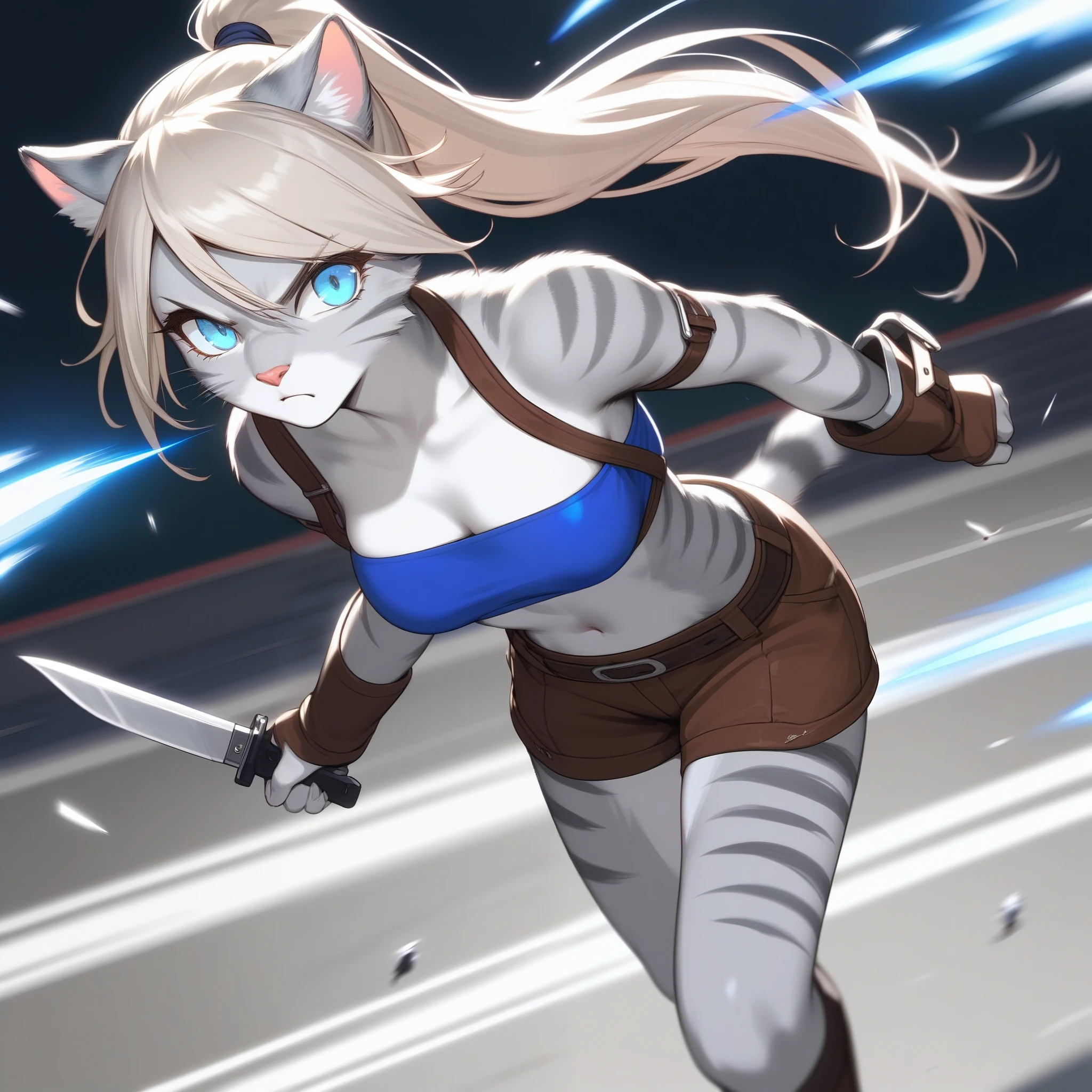 score_9,score_8_up,score_7_up, source_cartoon, source_furry, Kat, Anthro furry feline girl, tall body, hourglass figure, adult female, blue eyes, :3, snout, pink nose, silver furry body, grey tabby cat stripes, long blonde hair, hair in a ponytail, wearing blue bandeau, brown short shorts, brown boots, leather straps accessories, holding two knives, Naruto running, running towards viewer, angry expression, glowing blue eyes, outdoors, from above, dynamic action shot, speed lines, motion blur, hands behind back, Birds Eye view