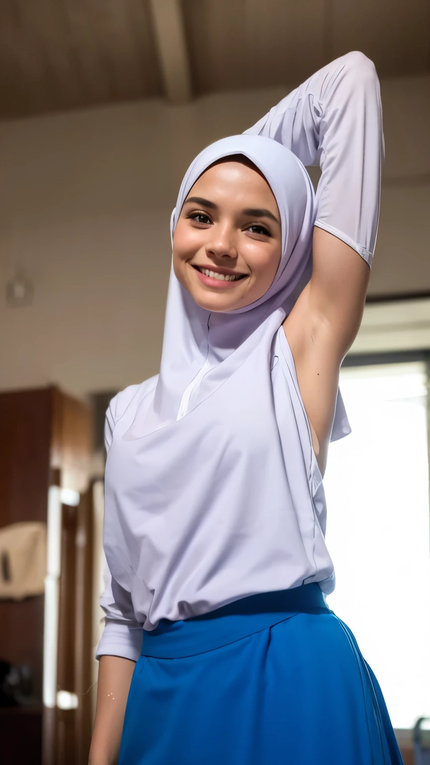 1 girl, (white dress), wearing hijab, ((blue skirt)), long sleeve, (teenager), tiny, childface, babyface, beautiful, very pretty, blushing, flawless, best quality, masterpiece, ultra high resolution, (photo realistic:1.4), raw photo , (full body:1.2), look at camera, smile, (chruch background), elegant, ((sweaty)), ((armpits)), ((full of sweat)), ((dripping wet armpits)), close up armpits, ((medium breasts)), ((sweat stains))