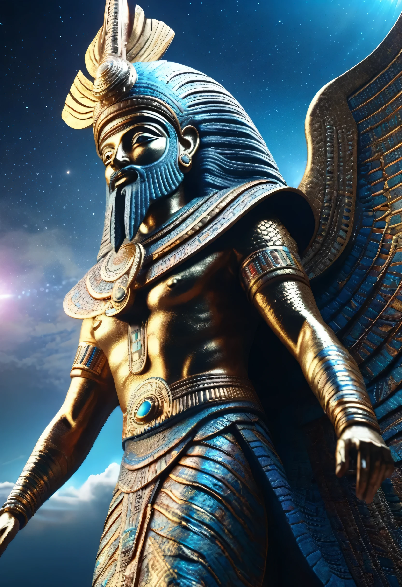 a majestic powerful Anunnaki figure, divine beings from Mesopotamian mythology, descending from the sky, detailed cosmic celestial elements, dramatic lighting, cinematic, epic, highly detailed, 8k, photorealistic