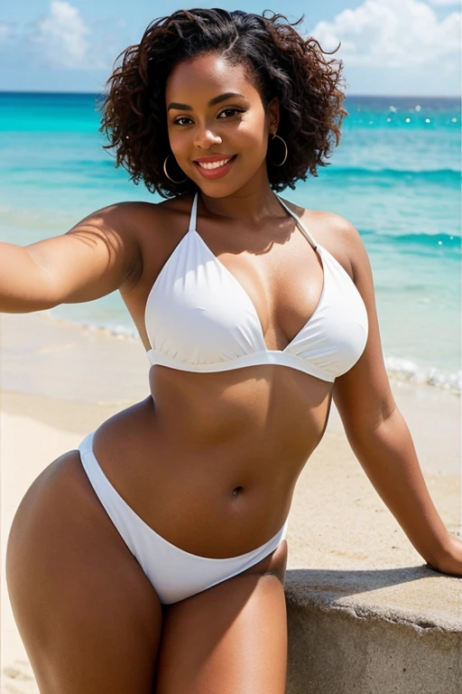 Chest up selfie posing of black curvy woman 4c hair on a sexy white bikini in the beach background