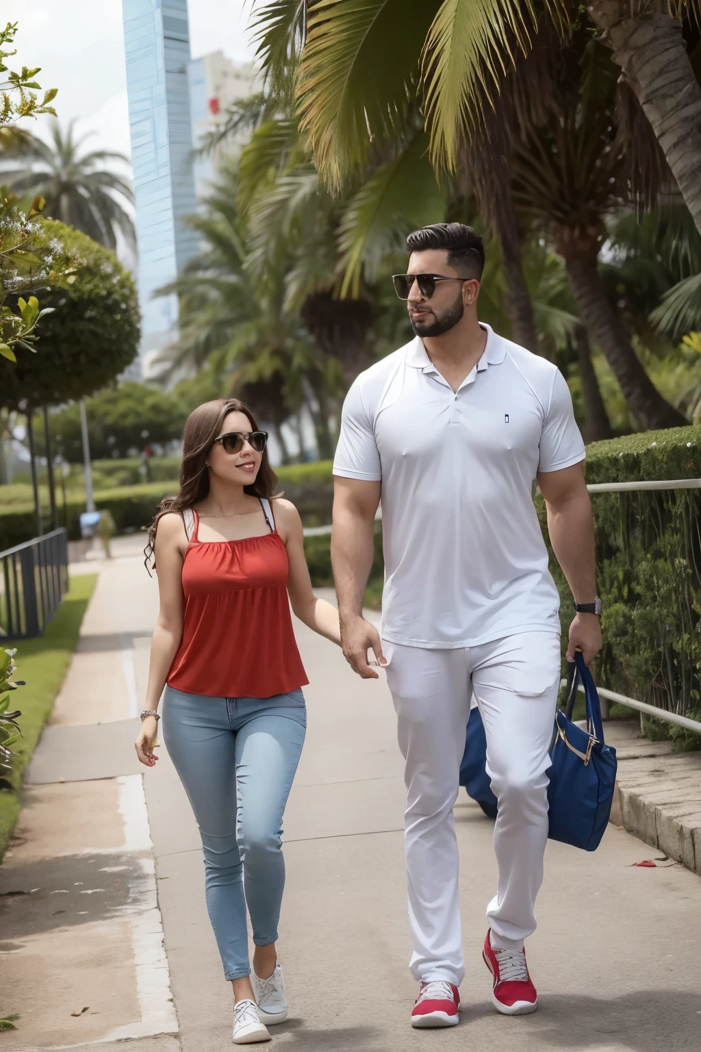 casal branco hetero, homem forte, mulher peito medio, homem peitudo e forte mesmo, num parque aquatico, ambos com cabelo castanho