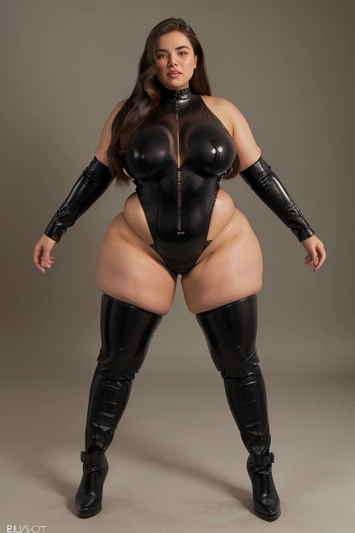 bbw superheroine bodysuit and boots posing for a picture, thicc, leather body suit, thick body, wearing a full leather outfit, thick, tight full body suit, thick thighs, wearing black latex outfit, wearing leather swim suite, beautiful thick female, black leather costume, leather bunny costume bodysuit, dressed in black leather, fullbodysuit