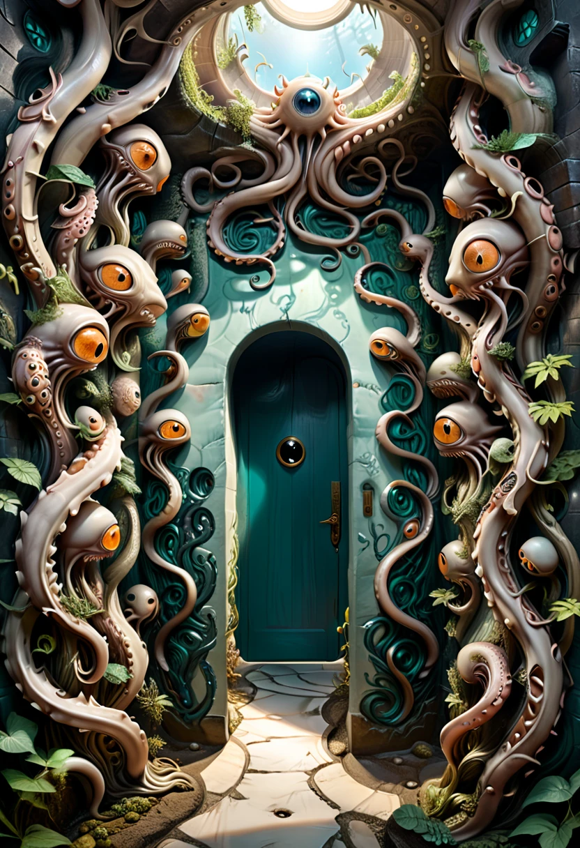 Surrealistic style, a winding corridor with walls constantly changing like living creatures. The walls on both sides are twisted like tentacles. At the end of the corridor is a tightly closed door with a pair of huge eyes and tentacles, gazing at every explorer trying to approach. The background is an unknown maze, (masterpiece, best quality, Professional, perfect composition, very aesthetic, absurdres, ultra-detailed, intricate details:1.3)