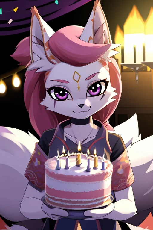 kimiko, furry female anthro, white body fur, Pink hair, multiple tails, solo, (best quality), anime style, short ponytail, scar on the eye, confetti everywhere, Holding the cake, one candle on cake, ordinary closed clothes, birthday, facing the viewer, detailed background, best quality, ultra detail, good lighting, solo, high quality, masterpiece, detailed body fur, best quality, perfect hair, happy 