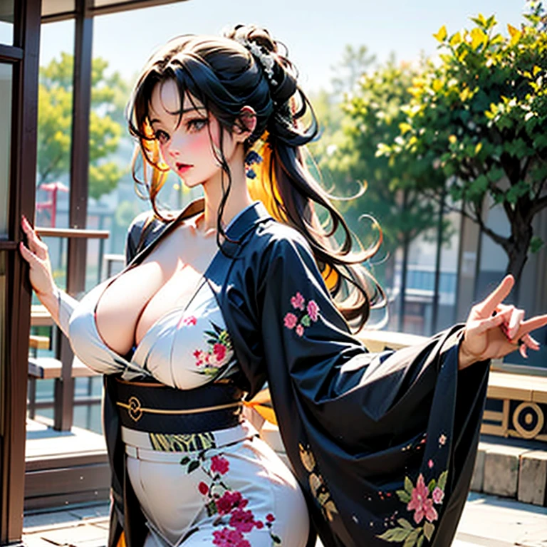 One Girl, Fox Girl, Nine-Tailed Fox,Fox Ears, Black colored hair, Fox Makeup, Kimono with open chest, Body size is 100-70-90!, Nice body, Avatar, face, Open chest, lewd face, Dominant representation, naughty face, Big Breasts, Emphasize cleavage,Show bare skin, Skin is visible, With legs apart, Show off your thighs, M-shaped legs, A beautifully patterned kimono,Red and black flowing water pattern kimono, I can see her cleavage, Muscular, Uplifting, Abdominal muscles, Exposed skin, Long Hair, Skin Texture, Soft breasts, Large Breasts, Standing in a grassy field, outside, Blue sky,Composition facing directly ahead, Grab your breasts with both hands, Fingers digging into breasts, Developmental atmosphere, god mysterious painting