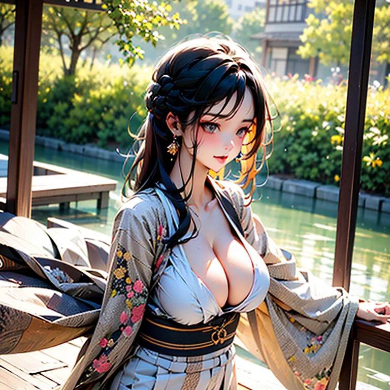 One Girl, Fox Girl, Nine-Tailed Fox,Fox Ears, Black colored hair, Fox Makeup, Kimono with open chest, Body size is 100-70-90!, Nice body, Avatar, face, Open chest, lewd face, Dominant representation, naughty face, Big Breasts, Emphasize cleavage,Show bare skin, Skin is visible, With legs apart, Show off your thighs, M-shaped legs, A beautifully patterned kimono,Red and black flowing water pattern kimono, I can see her cleavage, Muscular, Uplifting, Abdominal muscles, Exposed skin, Long Hair, Skin Texture, Soft breasts, Large Breasts, Standing in a grassy field, outside, Blue sky,Composition facing directly ahead, Grab your breasts with both hands, Fingers digging into breasts, Developmental atmosphere, god mysterious painting