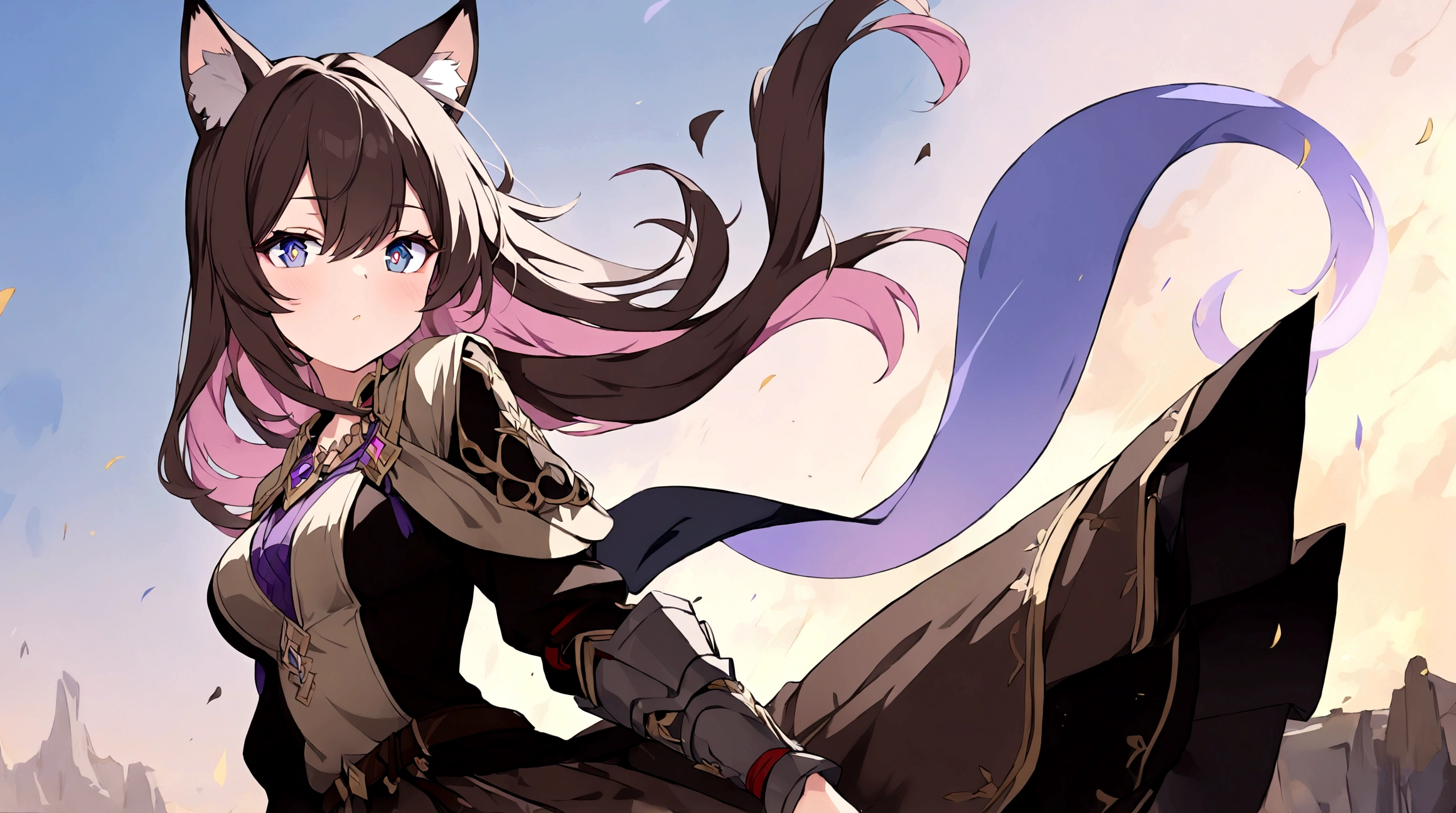 (1girl, Masterpiece, best quality) (detailed and beautiful eyes:1.6) (perfect hands, perfect anatomy) ( A young female character with long, brown hair featuring lighter streaks, styled in loose waves. She has striking (purple eyes and a confident, slightly defiant expression). She has distinctive (cat-like ears, brown with pink inner fur with tail. She wears a black and dark purple form-fitting top adorned with gold and red accents, including intricate patterns. Over this, she has a dark-purple cloak covering with gold detailing. Accessories include a fiolet gemstone necklace and a belt with gold ornaments. The character is depicted in a dynamic low-angle shot, giving a sense of power and movement. The background is abstract with a gradient from dark to light hues, adding depth and emphasizing the character. The lighting is warm and dramatic, with strong highlights and shadows enhancing the overall design. She has a brown belt with dark fiolet accents cinched around her waist and wears brown pants with armored greaves.