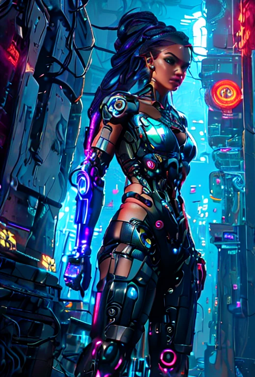 (highly detailed: 1.2), (canon EOS R6 best quality: 1.2), (8k: 1.0), (emb-rrf-low: 1.0), (lots of large black tattoos on cybernetic head open in the middle showing the inside, detailed face, hyper detailed eyes and wearing hi-tech sunglasses with holographic display 1.2), sharp focus (awarded photo: 1.2), (subsurface scatter: 1.2), (subsurface scatter: 1.2). 1.1) (a beautiful ultra-detailed cyborg: 1.2), ( hyper-detailed hair: 1.2), (wonderful body: 1.2), (full body: 1.2), (dynamic stance :1.2), neon glow, (detailed cybernetic eyes:1.1), close-up (hyperrealistic:1.2), rpg, CyberPunk 2077 style, dramatic lighting, (highly detailed futuristic cityscape:1.2), (sci-fi: 1.2). 1.2), professional portrait photography, by wlop greg rutkowski jeffrey simpson alphonse mucha