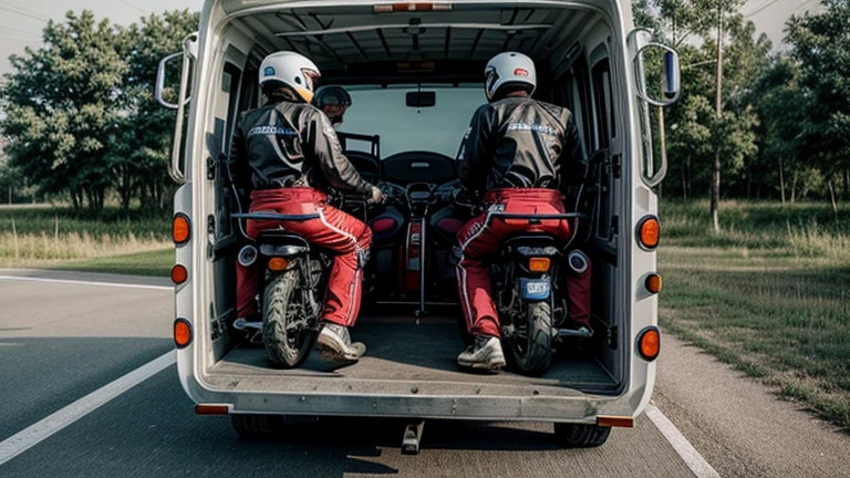 Images of a modern and equipped motorcycle ambulance, with trained medical personnel on board