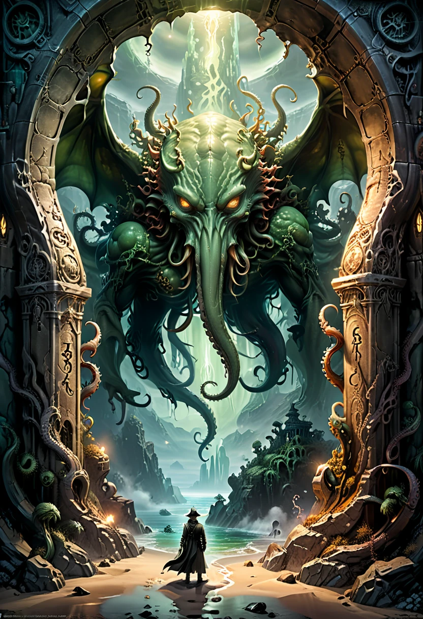 At the entrance of Cthulhu, a barren plain, there is a huge gap in the center, from which a strange light emanates. The edge of the crack is surrounded by a strange tentacle, (masterpiece, best quality, Professional, perfect composition, very aesthetic, absurdres, ultra-detailed, intricate details:1.3)