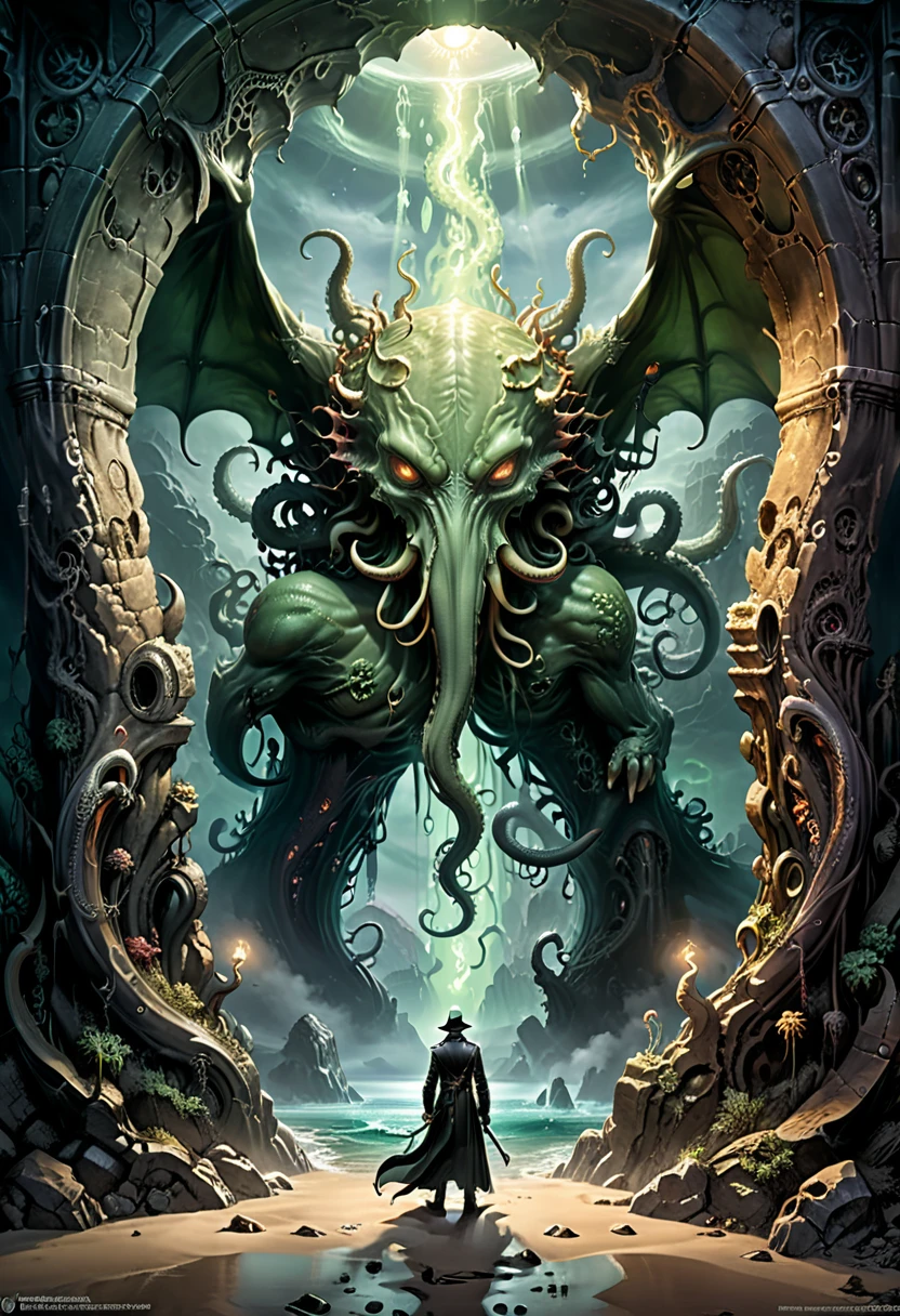 At the entrance of Cthulhu, a barren plain, there is a huge gap in the center, from which a strange light emanates. The edge of the crack is surrounded by a strange tentacle, (masterpiece, best quality, Professional, perfect composition, very aesthetic, absurdres, ultra-detailed, intricate details:1.3)