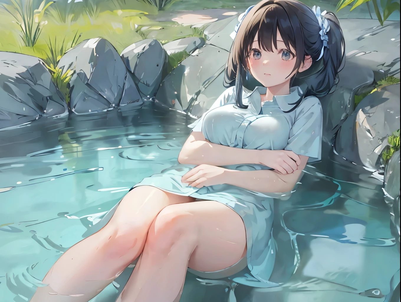 Her breasts clinging to her light blue and white striped shirt dress、The shirt dress flutters up so that her cute white underwear is visible.、barefoot、