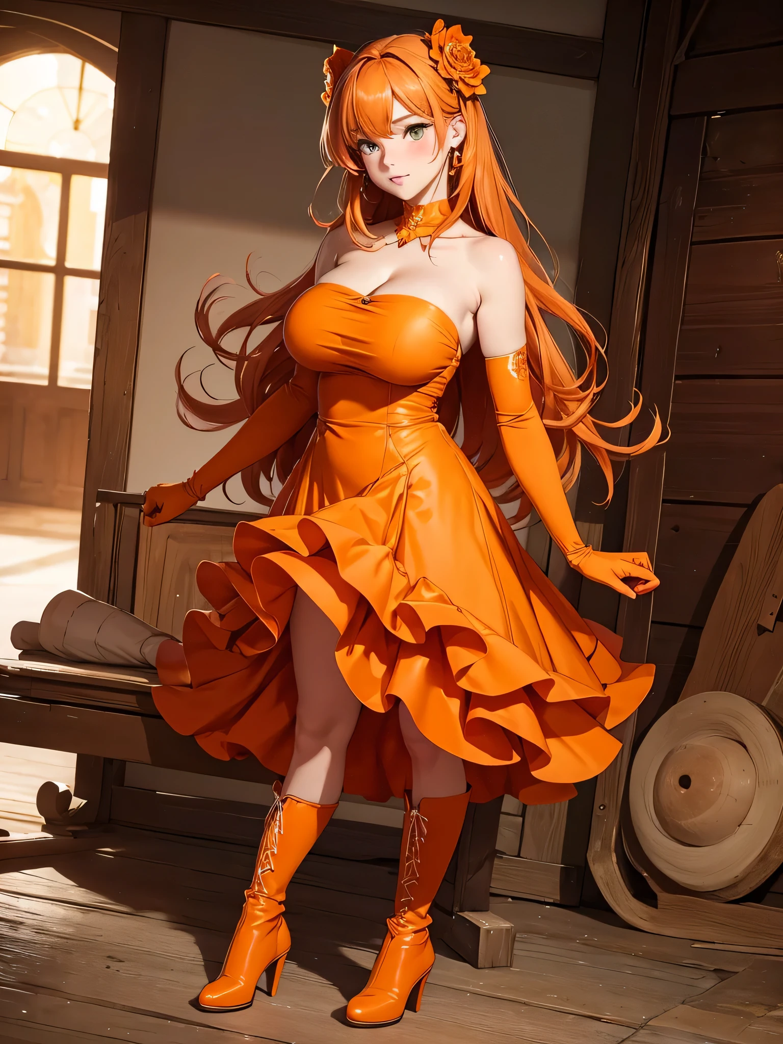 Full body, beautiful orange eyes, blush, cute face, (1 cute woman, solo: 1.1), lips, gigantic breasts, beautiful background, long orange hair, orange dress, orange elbow gloves, orange high heel boots, naked shoulders