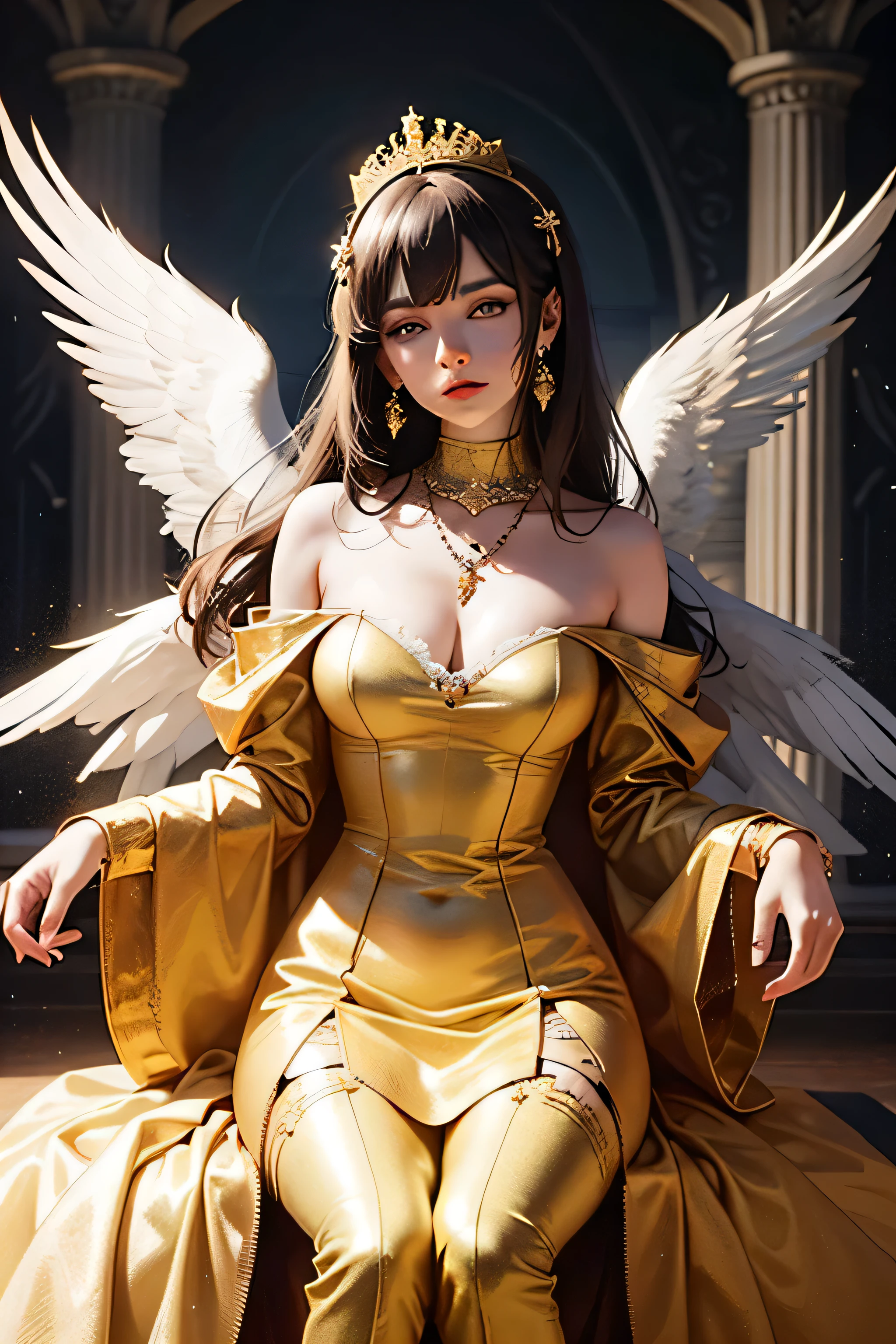 A goddess a combination of mother earth and the new technological age anime style with golden eyes and Victorian style clothing with jewels on the dress the background has to be in a castle in the sky and magical brown hair white skin golden pupils now the same image but whole body