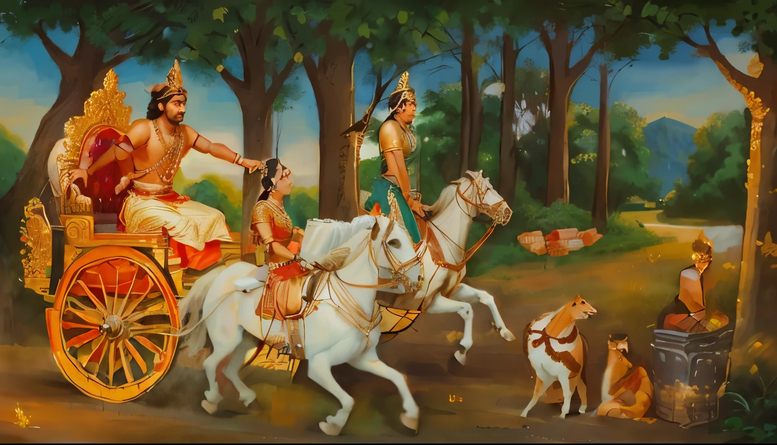 painting of a man riding a horse drawn carriage with a man on it, mythological painting, hystorical painting, sharandula, hindu art, traditional painting, beautiful depiction, royal painting, from ramayan, inspired by Raja Ravi Varma, historical painting, indian art, by Robert Brackman, historical artistic depiction, by Max Dauthendey, beautiful image