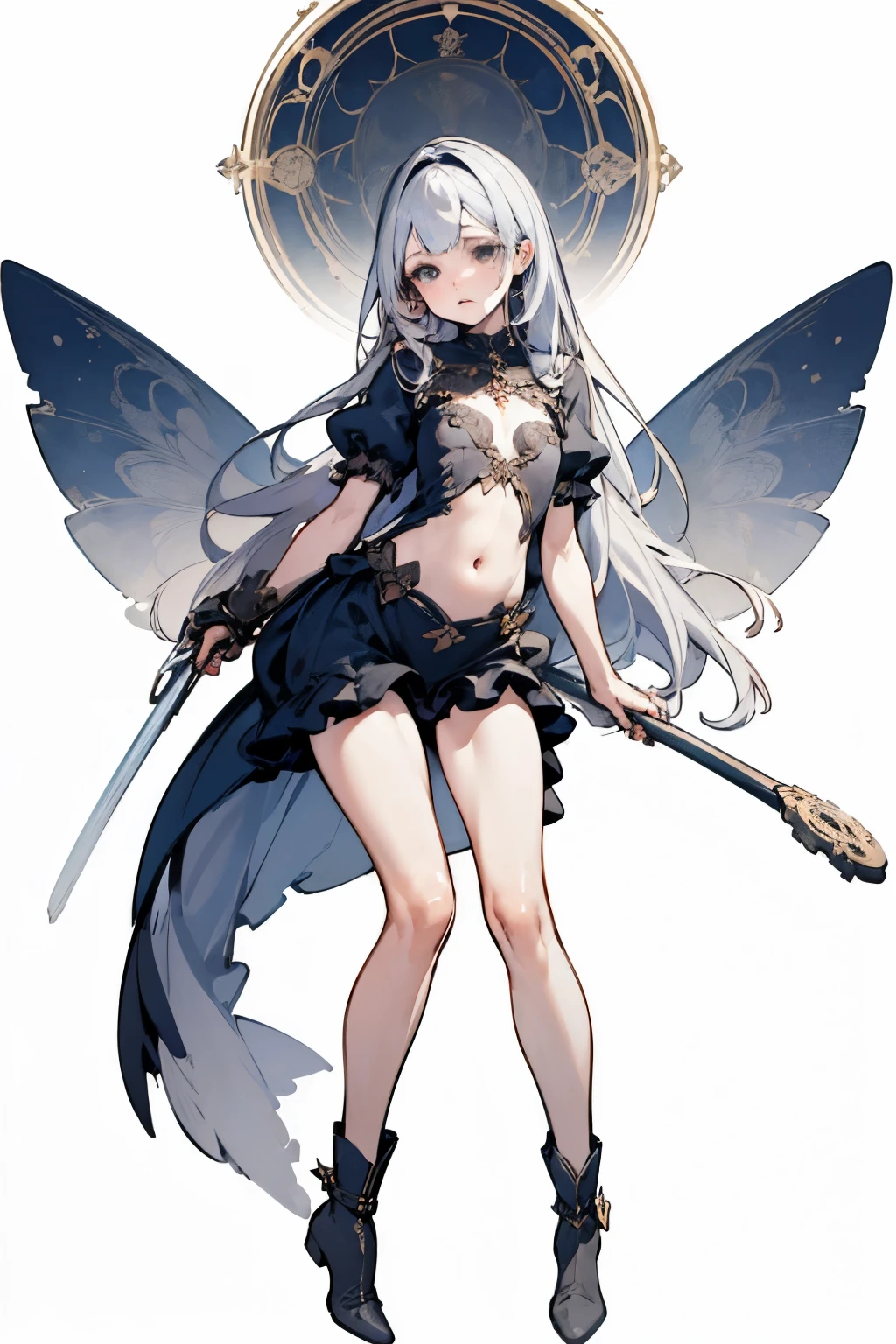  ((best quality)), ((masterpiece)), (detailed), 1girl, Character design, female, dynamic poses, long white grey hair, grey white eyes, very skinny, detailed, best quality, no accesoires around the neck, no shoes, prominent collarbones, skinny arms, flat stomach, visible hip bones, full body, blank white background, plain background, white background, red and white clothing, Bloodborne inspired, occult aesthetic, occult, detailed and intricate steampunk and detailed gothic, NSFW, Very dramatic and cinematic lighting, cosmic horror, grim-dark, side-lighting, perfect face, NSFW, Fluttering lace flared long knee length dress with frilly petticoats, knee length dress, pleated petticoats, petticoats gothic, complex lace boots, side-lighting, gothic aesthetic, wielding a mighty sword with mechanical components, mandalas, small breasts, a fairy, various different types of insect wings, NSFW, full body, whole body, body, plain background, white background, blank background, no background, white background NSFW, chains, full body, whole body, head-to-toe NSFW 