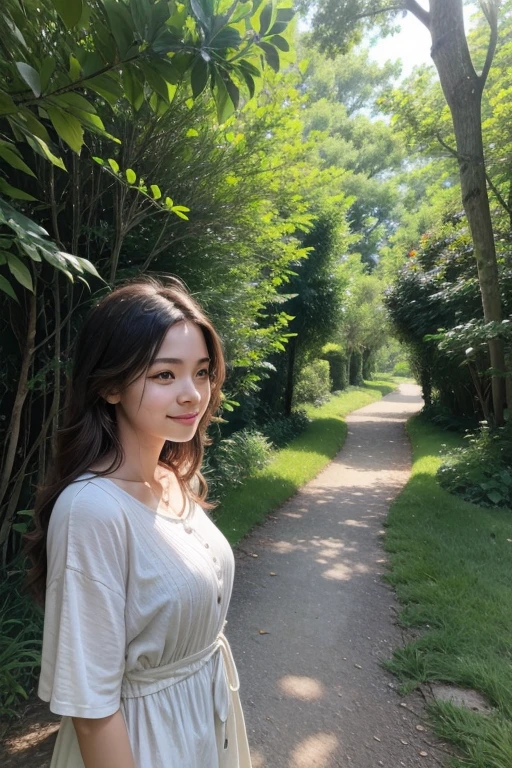 A woman standing in a natural setting like a park or trail, looking at the horizon with a relieved smile on her face. A gentle breeze moves her hair and clothes, suggesting a sense of freedom. The background includes a winding path symbolizing the revisited paths, with trees and greenery around. The sunlight is soft, suggesting a moment of reflection and peace. The woman's facial expression conveys relief and contentment.