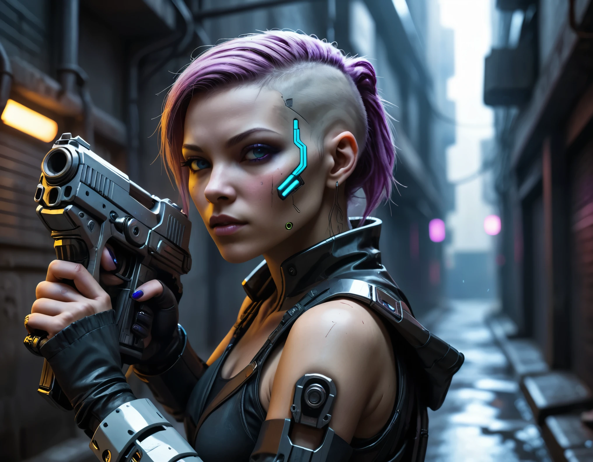 closeup of a cyberpunk woman in a dark alley holding a futuristic gun