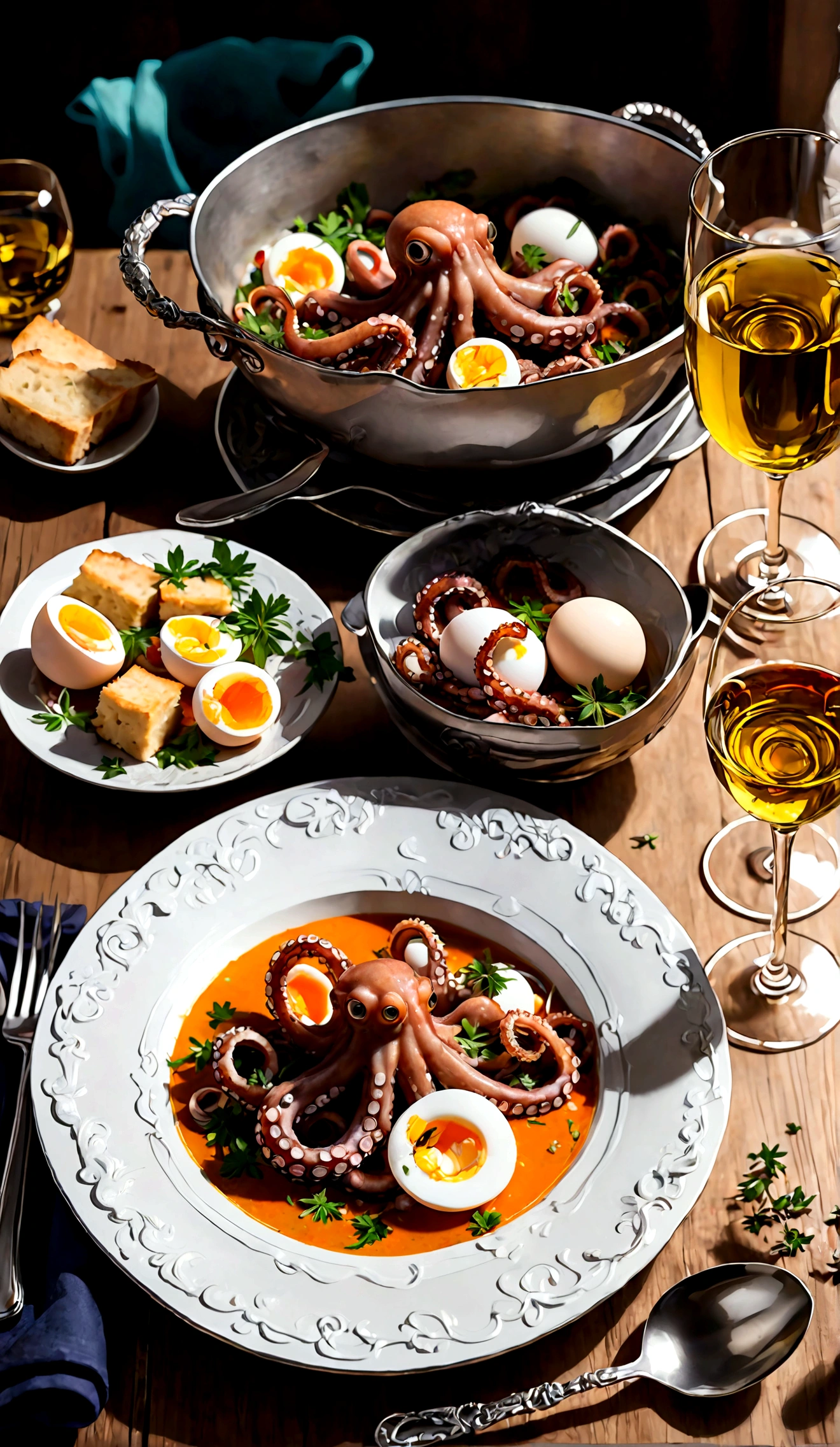 a plate of very tasty-looking soup with large tentacles of octopus seasoned with herbs, pieces of hard-boiled eggs and pieces of croutons. a table set for dinner, silver cutlery, a glass of white wine.