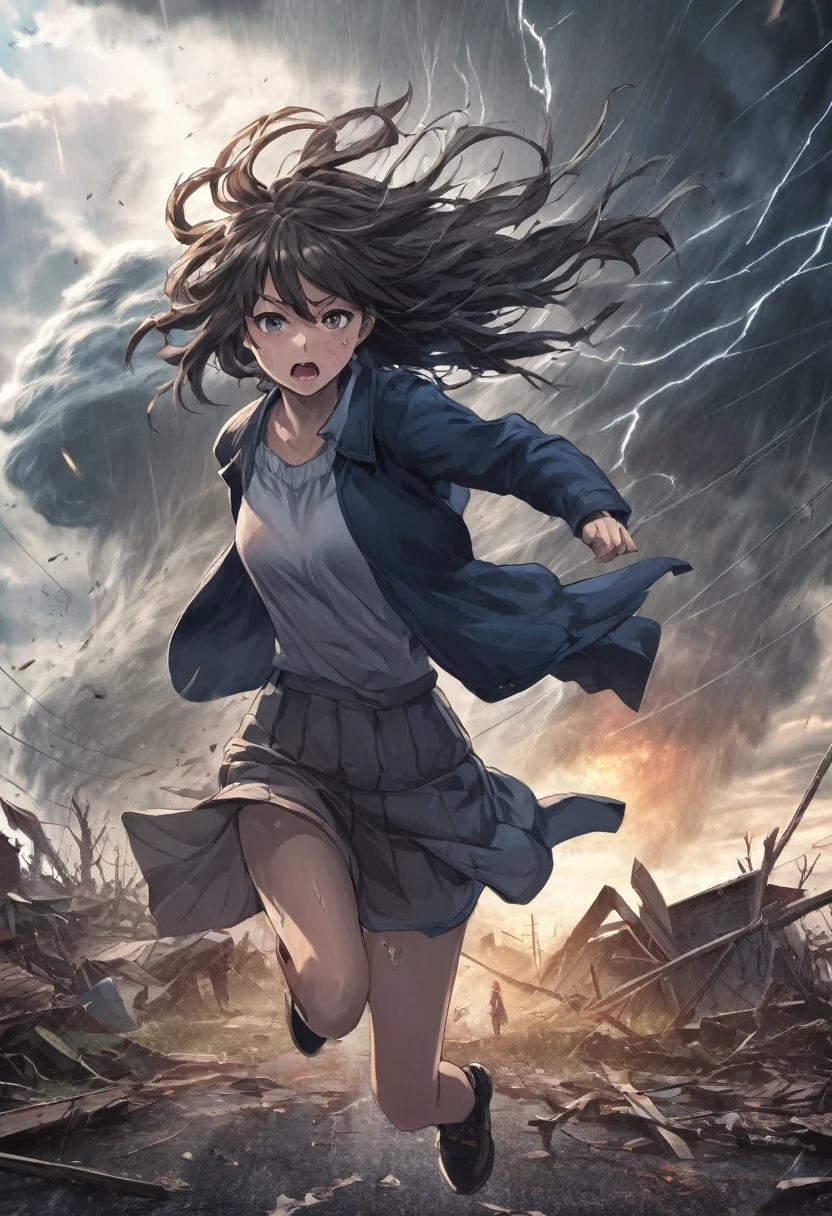 (masterpiece), (highest quality),Anime Style (1 girl), Beautiful woman gets hit by a tornado, , Battlefield Background, Messy Hair, Tattered clothes、Clothes ripped by monsters、Fleeing Beauty、Monsters to chase、woman screaming、Woman looking at monster、Composition from behind