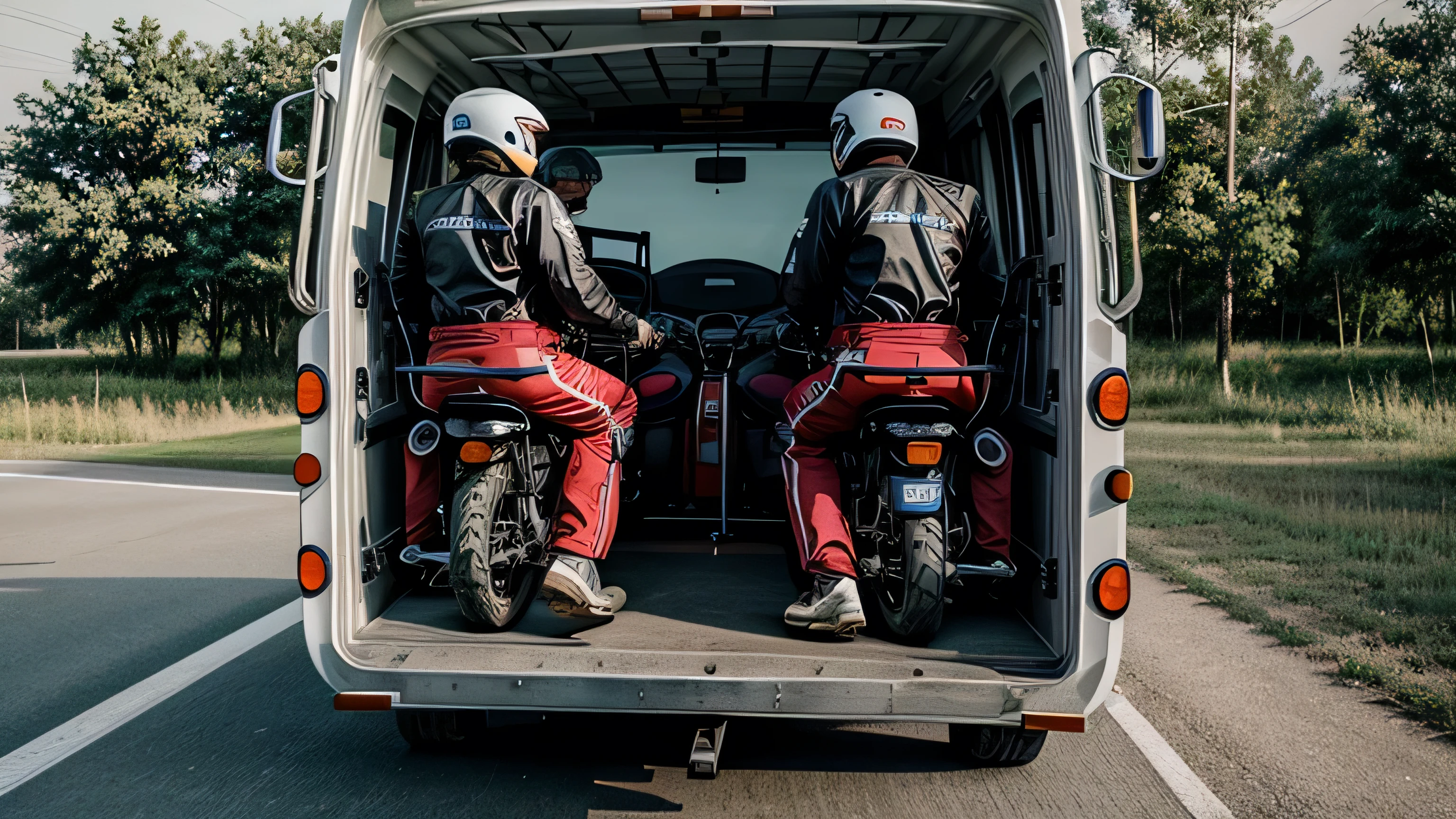Images of a modern and equipped motorcycle ambulance, with trained medical personnel on board