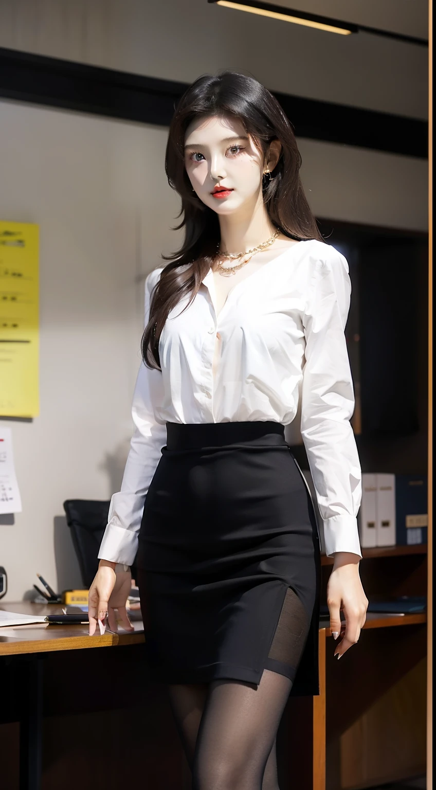 Beautiful Girl, Korean makeup, Red lips, Perfect body, medium chest, thigh, walk, Going, secretary, office, necklace slit shirt, Pencil skirt, black tights, View of the office,