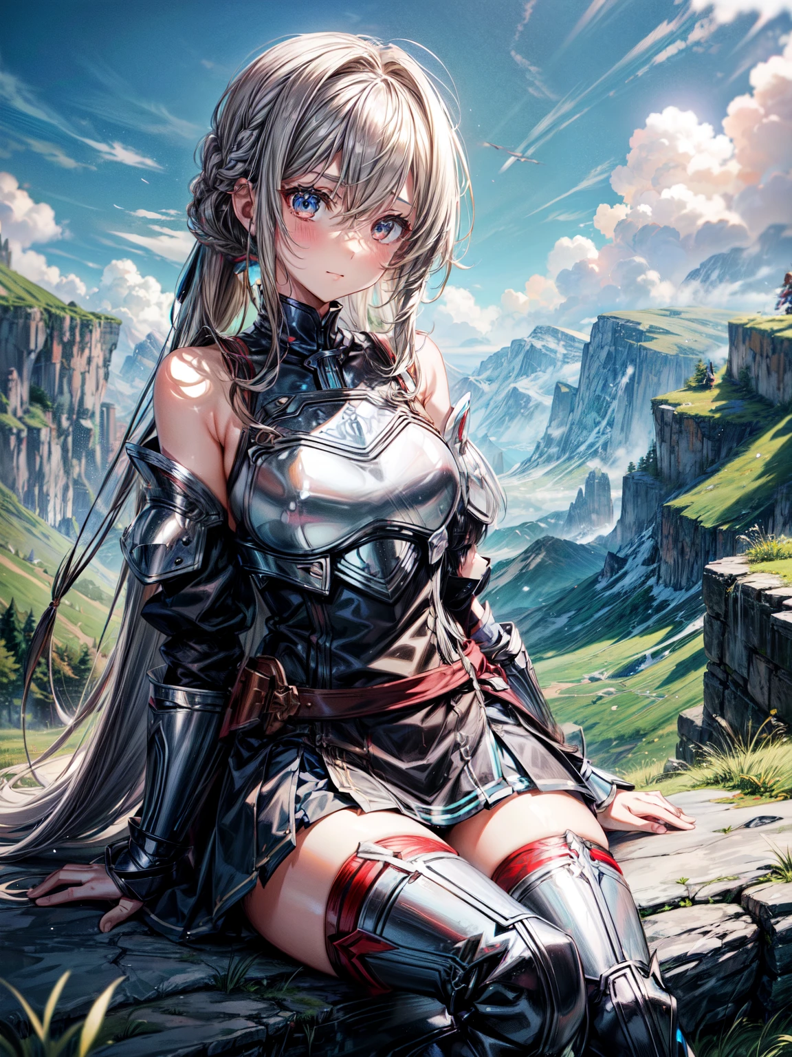 1girl, armor, asuna_\(sao\), bangs, bare_shoulders, blue_sky, blush, boots, spicy , hot, sexy,braid, breastplate, breasts, brown_eyes, closed_mouth, cloud, cloudy_sky, day, detached_sleeves, grass, hair_between_eyes, long_hair, looking_at_viewer, mountain, outdoors, rock, sitting, skirt, sky, smile, solo, thighhighs, very_long_hair