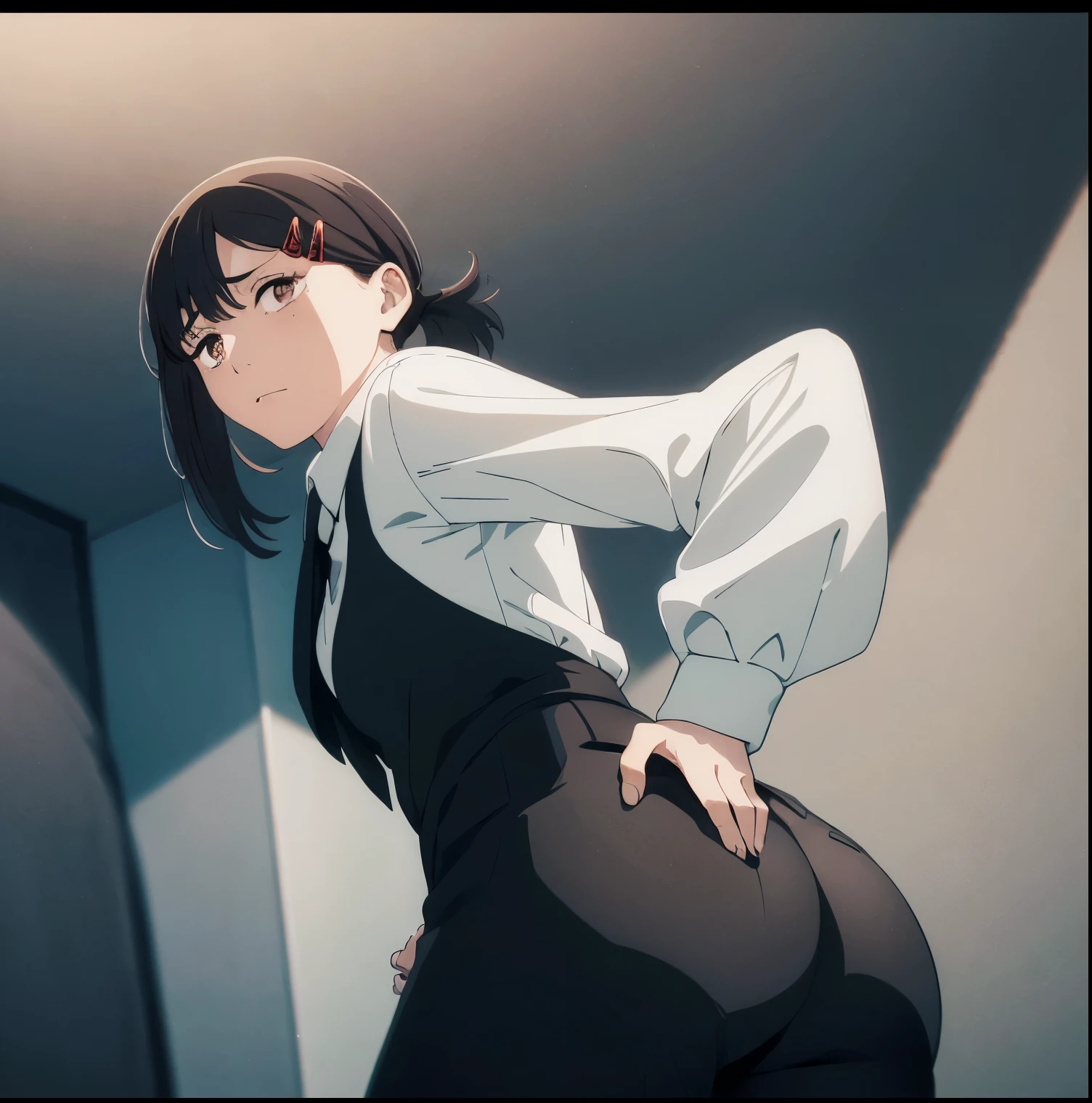 1 girl, alone, kobeni higashiyama, black hair, hair ornament, hair clip, mole, mole under the eye, ponytail, short hair, (brown eyes: 1.5), (office clothes:1.2), formal wear, (white shirt: 1.2), long sleeve, black tie, dress pants, (tight black pants: 1.2), black shoes, medium breasts, medium waist, wide hips, wide thighs, round butt, facing viewer, looking back, from behind, point of view (from below), showing butt, (interior: 1.2), (looking back: 1.2), ( office:1.2), window, (lighting:1.2), (Masterpiece : 1.2), Best Quality, High Resolution, Unity 8K Wallpaper, (Artwork: 0.8), (Beautiful and Detailed Eyes: 1.6), Extremely Detailed Face, Perfect Lighting, Extremely Detailed CG, (Perfect Hands, Perfect Anatomy )
