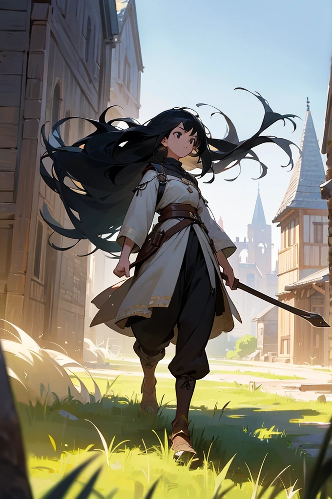 1girl, black hair, black eyes, long hair, determined expression, adventurer, full body, walking, looking towards the right, side view, medieval village, wooden buildings, grass, dirt
