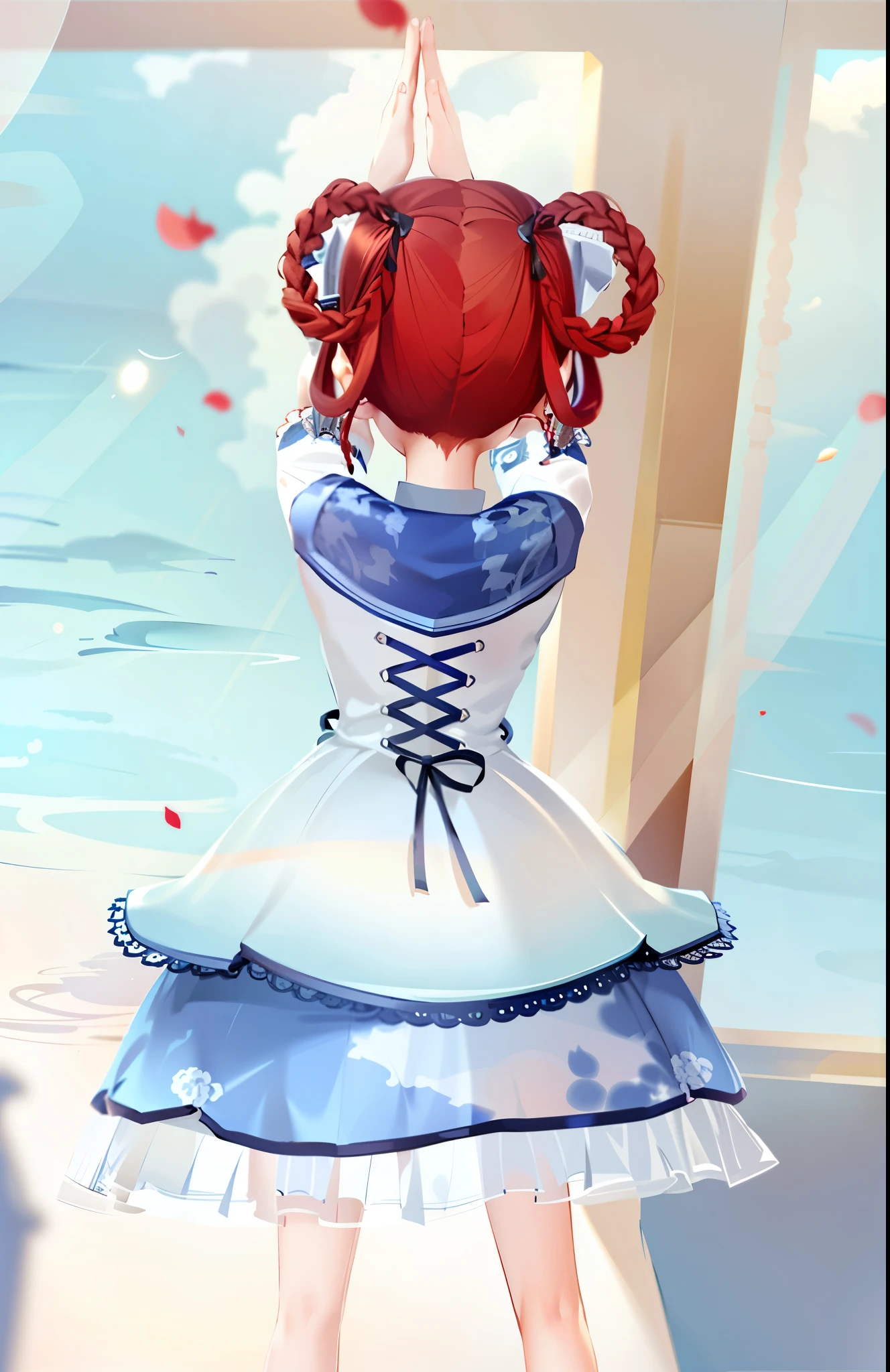 (masterpiece:1.2), best quality, highres, original, (extremely detailed:1.2), ultra-detailed, wallpaper, perfect lighting,(extremely detailed CG:1.2), 8k, anime illustration, 1girl, solo, Lolita Fashion, delicate dress, ribbon, jewelry, standing, braid, red hair, earrings, from behind, petals, window, own hands together, hair rings, facing away
