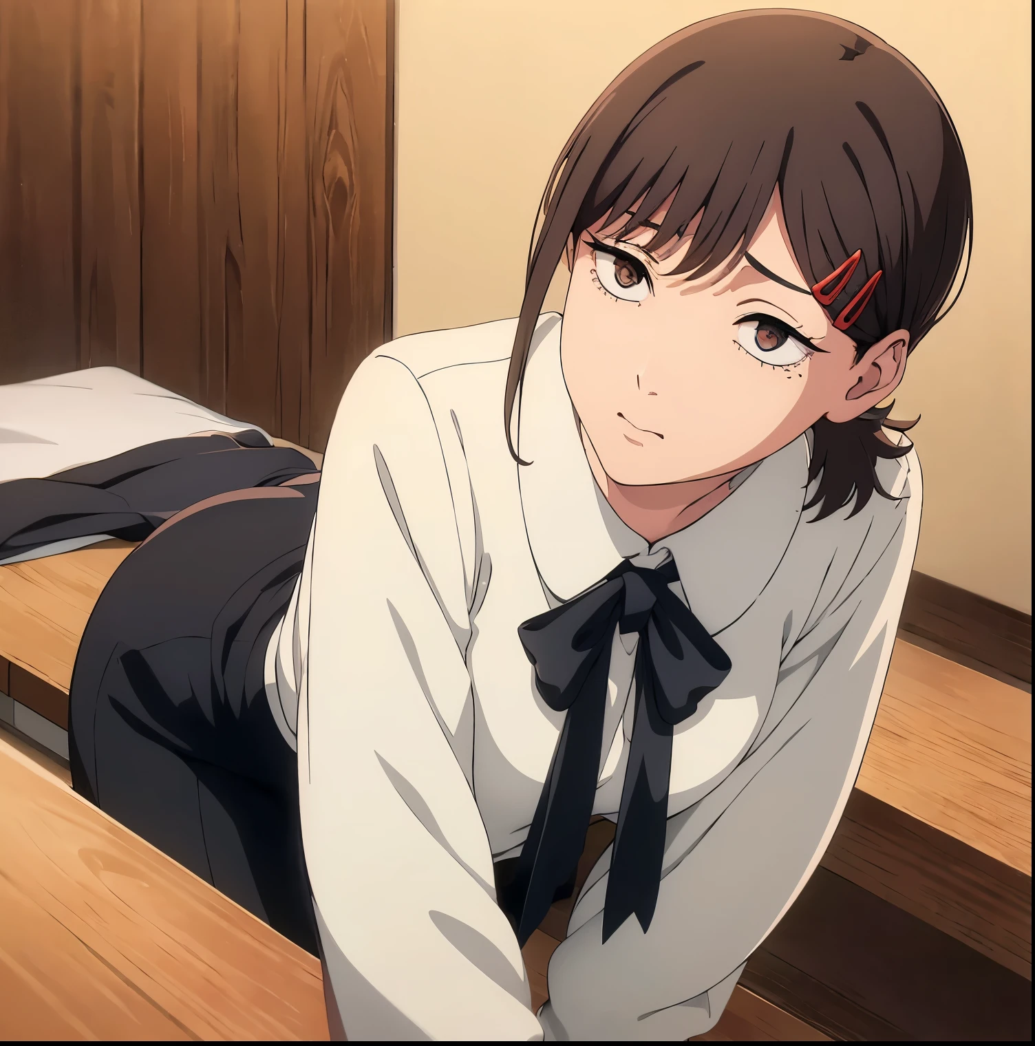 1 girl, alone, kobeni higashiyama, black hair, hair ornament, hair clip, mole, mole under the eye, ponytail, short hair, (brown eyes: 1.5), (office clothes:1.2), formal wear, (white shirt: 1.2), long sleeve, black tie, dress pants, (tight black pants: 1.2), black shoes, medium breasts, medium waist, wide hips, wide thighs, round butt, facing viewer, from the front, focus on the waist, point of view (front), showing the rear, (interior: 1.2), (looking forward: 1.2), (office: 1.2), window, (lighting: 1.2), (Work master: 1.2), Best Quality, High Resolution, Unity 8K Wallpaper, (Artwork: 0.8), (Beautiful and Detailed Eyes: 1.6), Extremely Detailed Face, Perfect Lighting, Extremely Detailed CG, (Perfect Hands, Anatomy perfect)