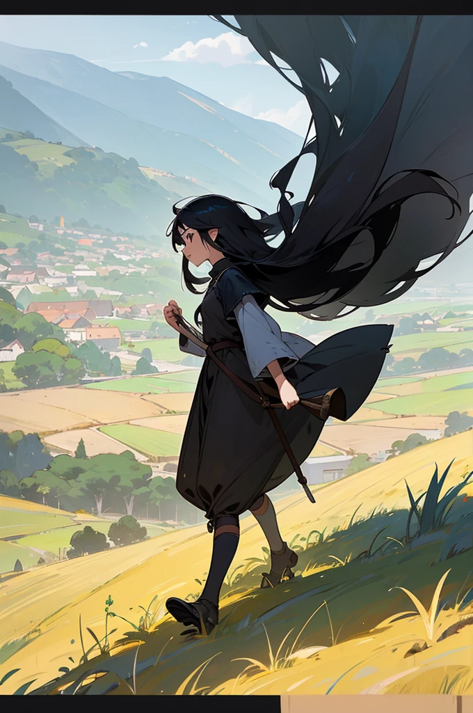 1girl, black hair, black eyes, long hair, determined expression, adventurer, full body, walking towards the right, side view, medieval setting, small village, wooden buildings, grass, dirt, no frills, no accessory