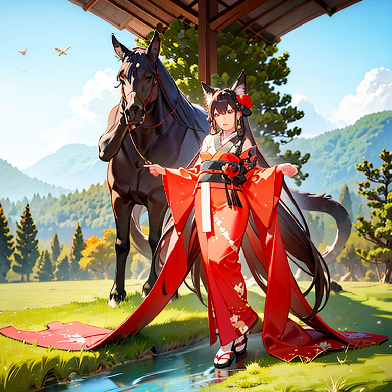 One Girl, Fox Girl, Nine-Tailed Fox,Fox Ears, Black colored hair, Fox Makeup, Kimono with open chest, Body size is 100-70-90!, Nice body, Avatar, face, Open chest, lewd face, Dominant representation, naughty face, Big Breasts, Emphasize cleavage,Show bare skin, Skin is visible, With legs apart, Show off your thighs, M-shaped legs, A beautifully patterned kimono,Red and black flowing water pattern kimono, I can see her cleavage, Muscular, Uplifting, Abdominal muscles, Exposed skin, Long Hair, Skin Texture, Soft breasts, Large Breasts, Standing in a grassy field, outside, Blue sky,Composition facing directly ahead, Grab your breasts with both hands, Fingers digging into breasts, Developmental atmosphere, god mysterious painting